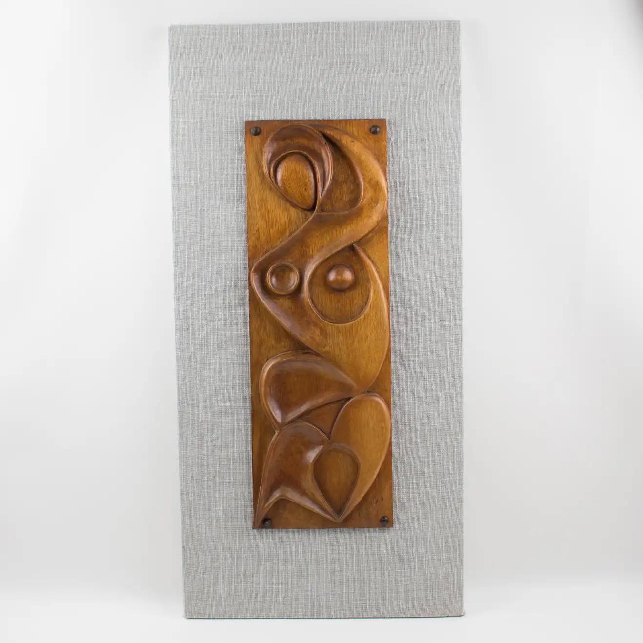 Maxime Tendero Wall-Mounted Abstract Wooden Hand-Carved Art Sculpture Panel 1973 In Excellent Condition For Sale In Atlanta, GA