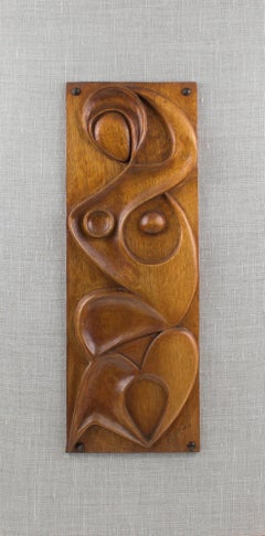 Vintage Maxime Tendero Wall-Mounted Abstract Wooden Hand-Carved Art Sculpture Panel 1973