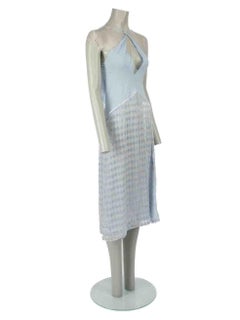 Maximilian Blue Silk Flocked Diamond Midi Dress Size S