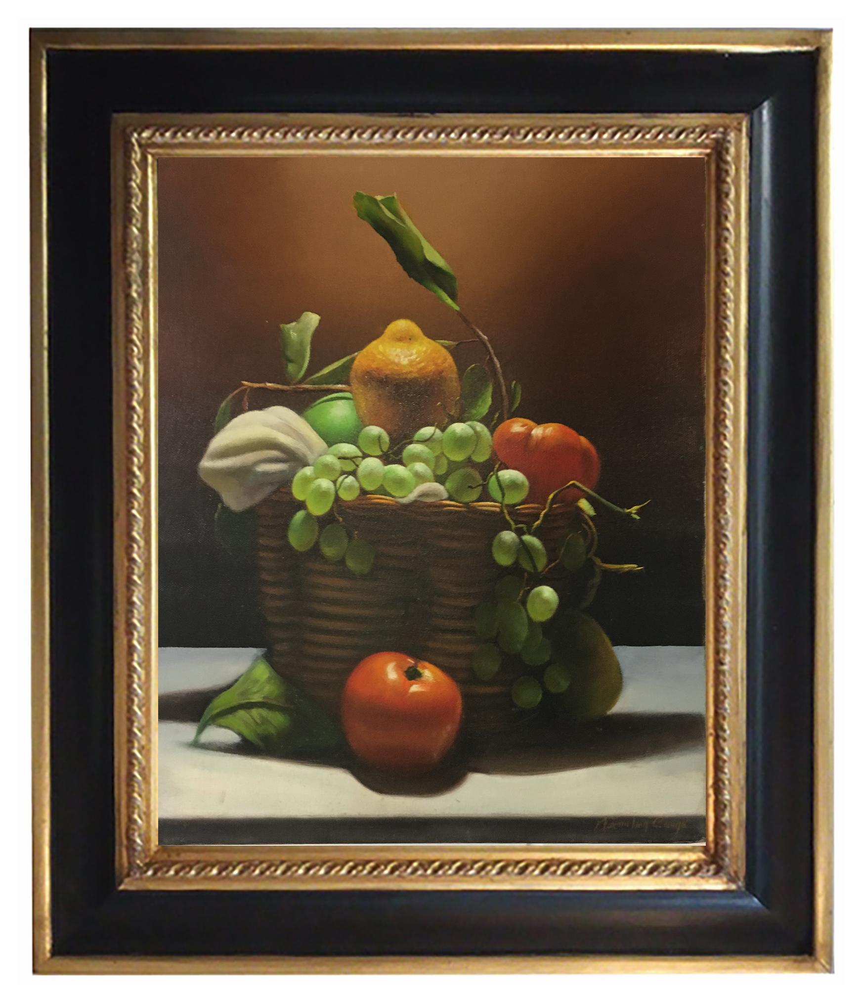 BASKET OF FRUIT - Hyperrealism - Italian still life oil on canvas painting,  - Painting by Maximilian Ciccone