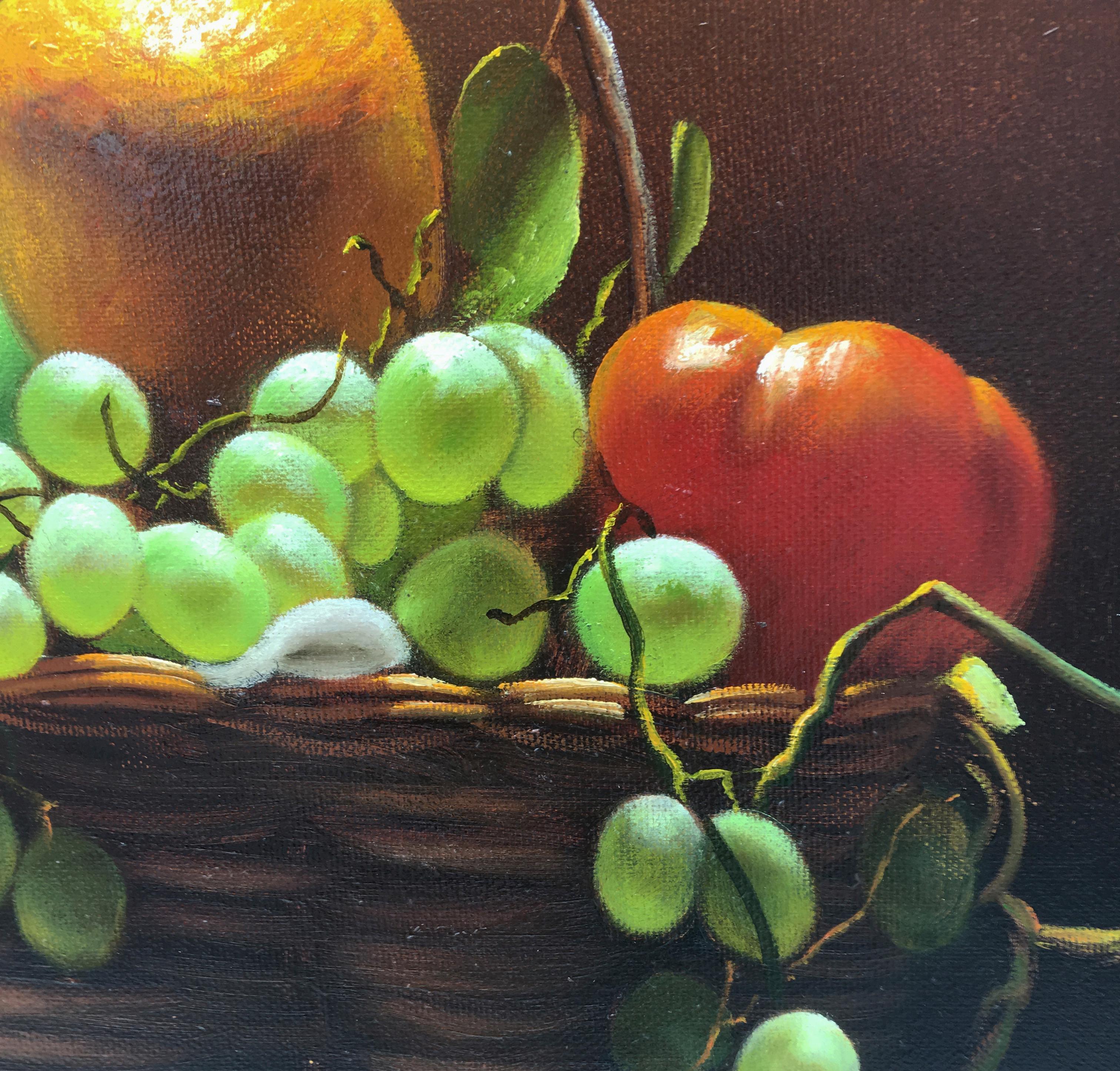 BASKET OF FRUIT - Hyperrealism - Italian still life oil on canvas painting,  - Realist Painting by Maximilian Ciccone
