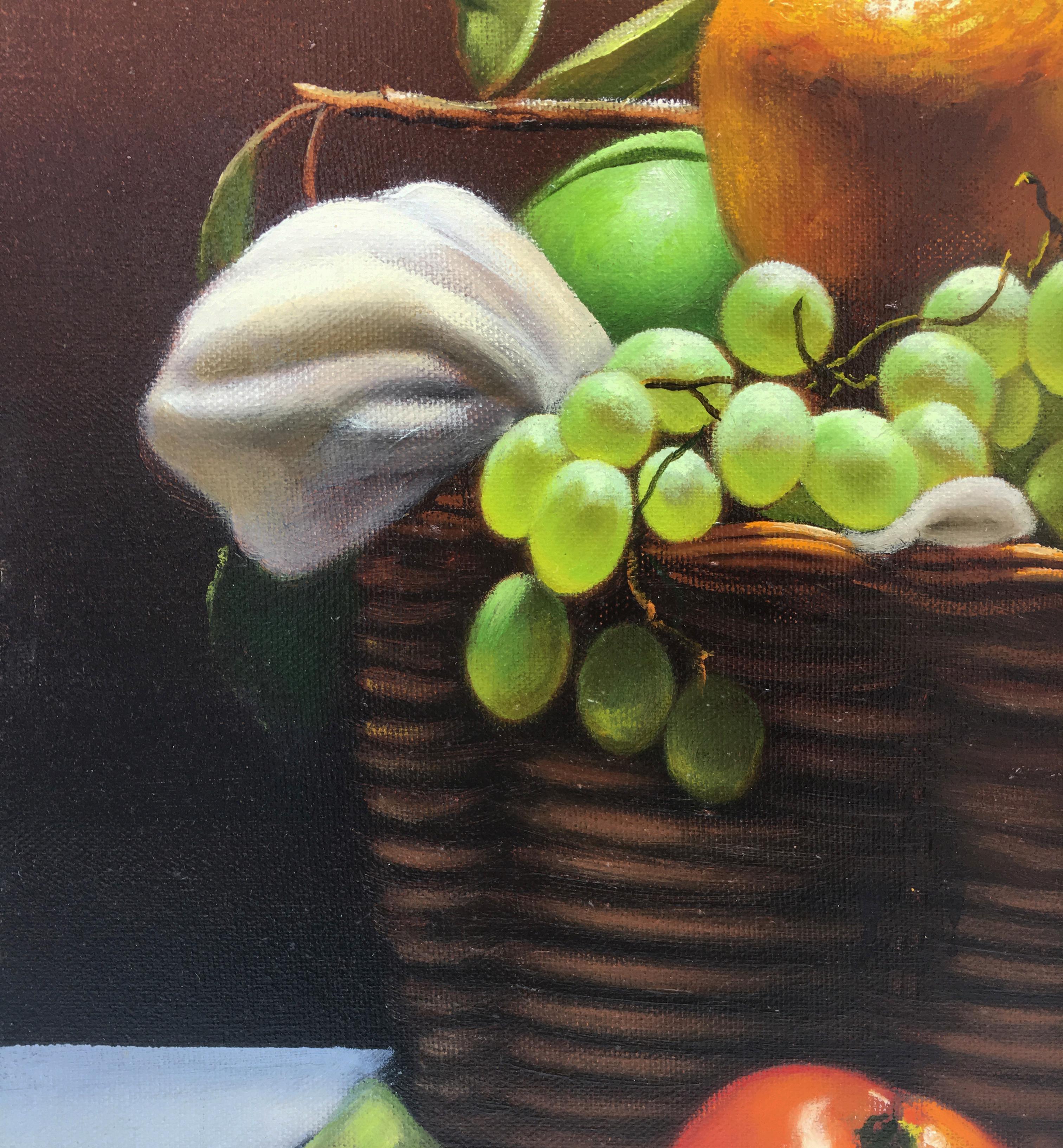 BASKET OF FRUIT - Hyperrealism - Italian still life oil on canvas painting,  - Black Still-Life Painting by Maximilian Ciccone