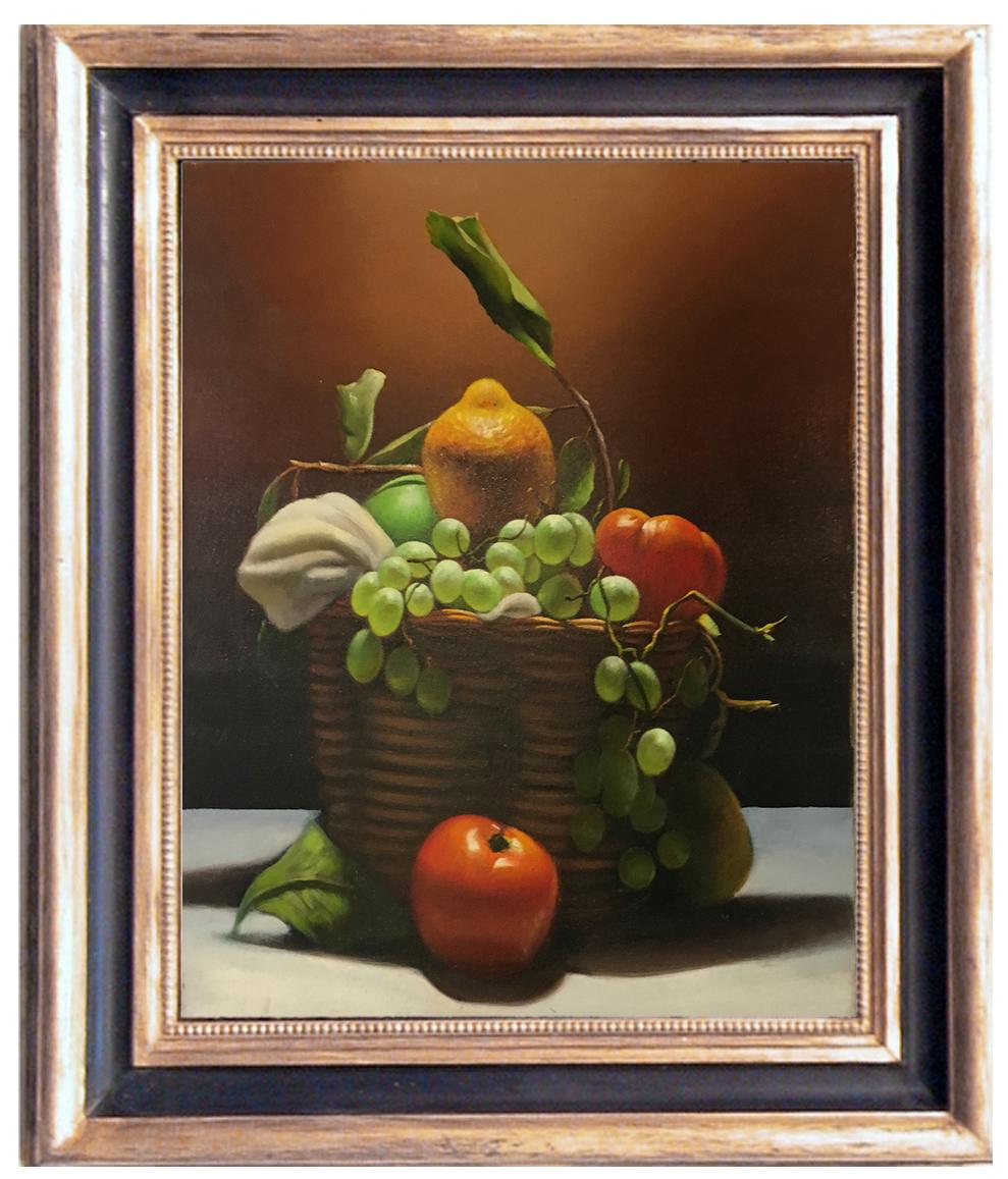Maximilian Ciccone Still-Life Painting - BASKET OF FRUIT - Hyperrealism - Italian still life oil on canvas painting, 