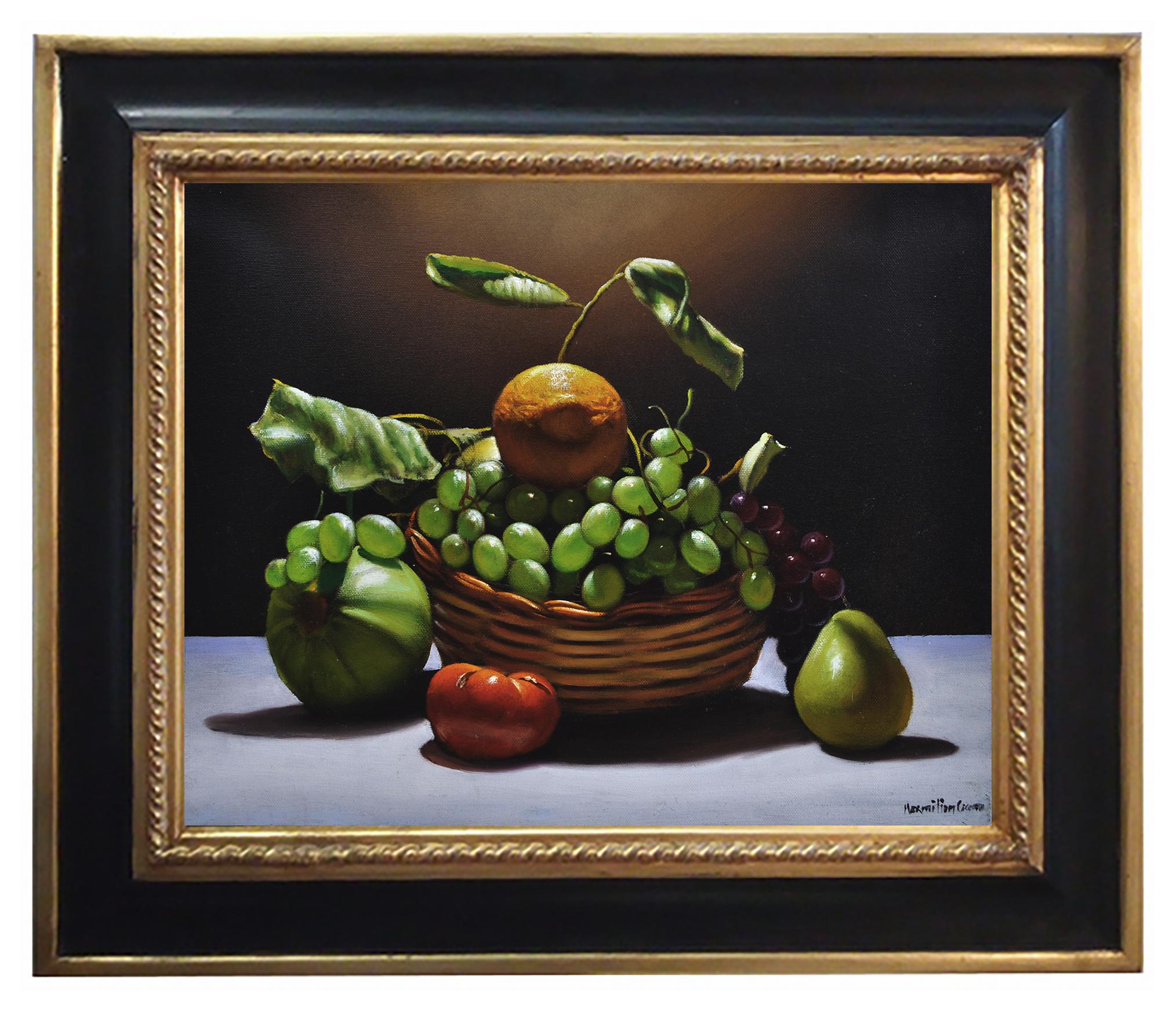 Corbeille avec fruits - Hyperréalisme - Huile sur toile Nature morte italienne  - Painting de Maximilian Ciccone