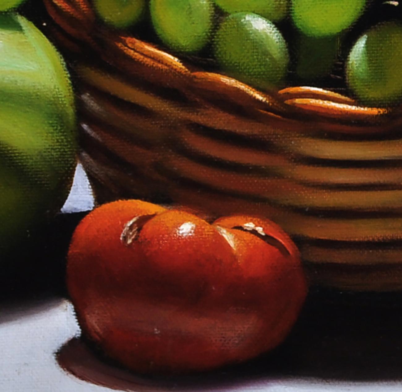Basket With Fruit - Hyperrealism - Oil On Canvas Italian Still Life Painting  - Black Still-Life Painting by Maximilian Ciccone