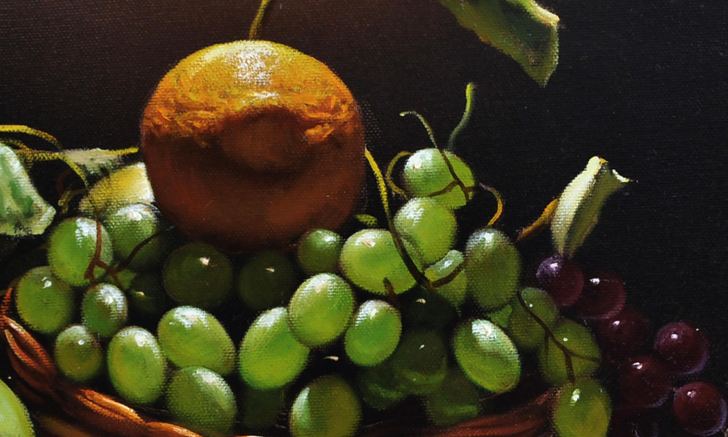 Basket With Fruit - Hyperrealism - Oil On Canvas Italian Still Life Painting  For Sale 1