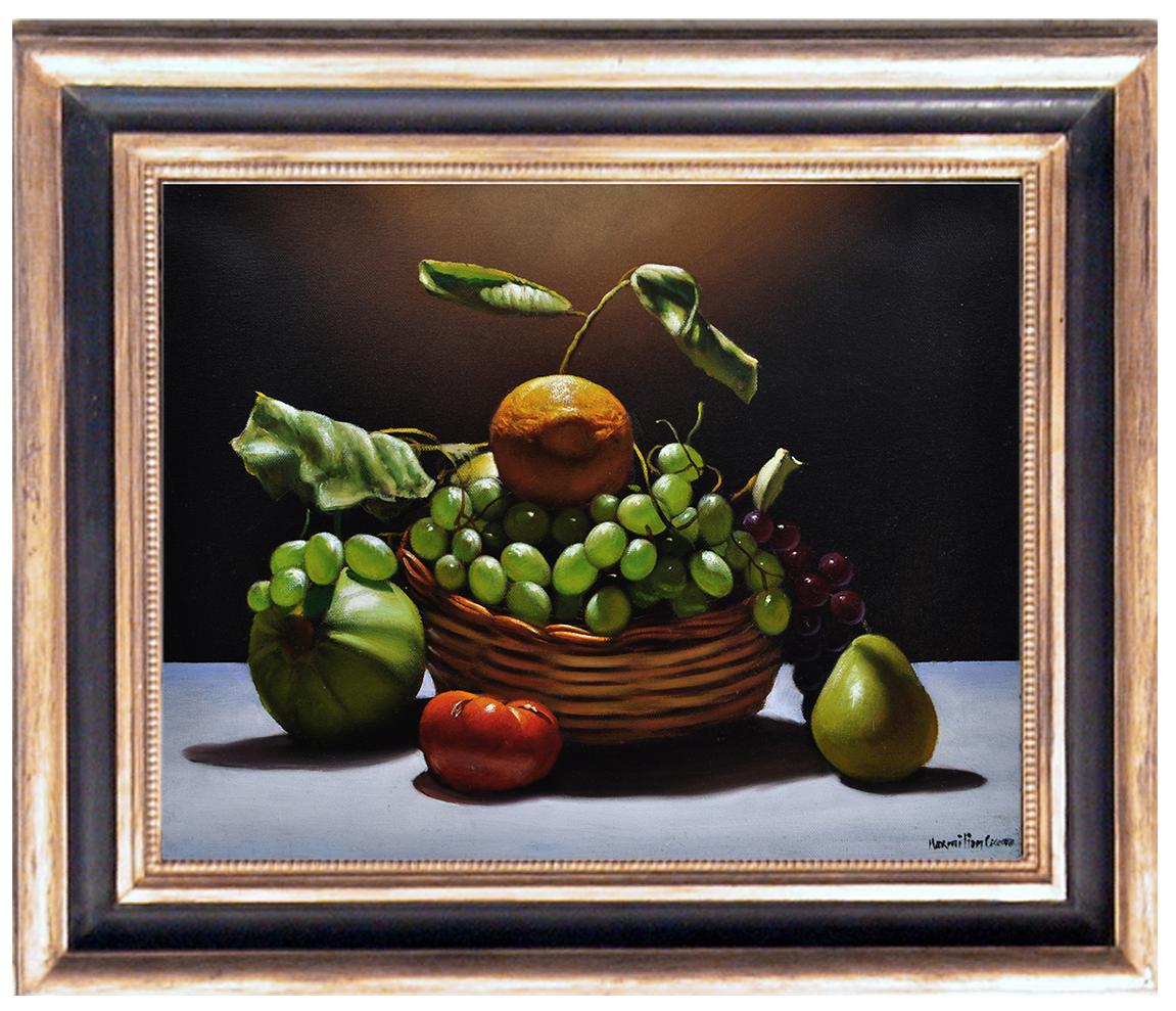 Still-Life Painting Maximilian Ciccone - Corbeille avec fruits - Hyperréalisme - Huile sur toile Nature morte italienne 