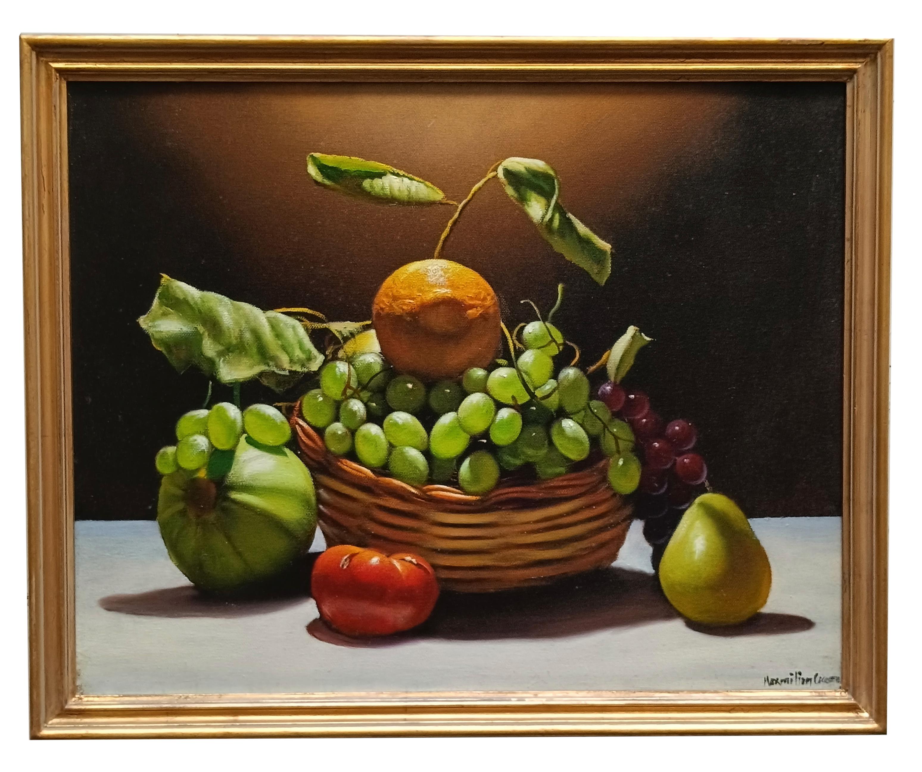 Korb mit Obst - Hyperrealismus - Öl auf Leinwand Italienisches Stilleben Gemälde