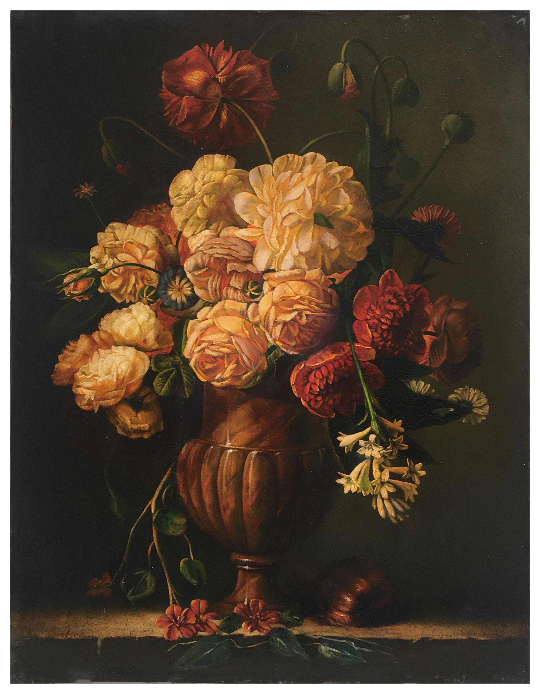FLOWERS - À la manière de Mario Dei Fiori - Peinture italienne à l'huile sur toile - Painting de Maximilian Ciccone