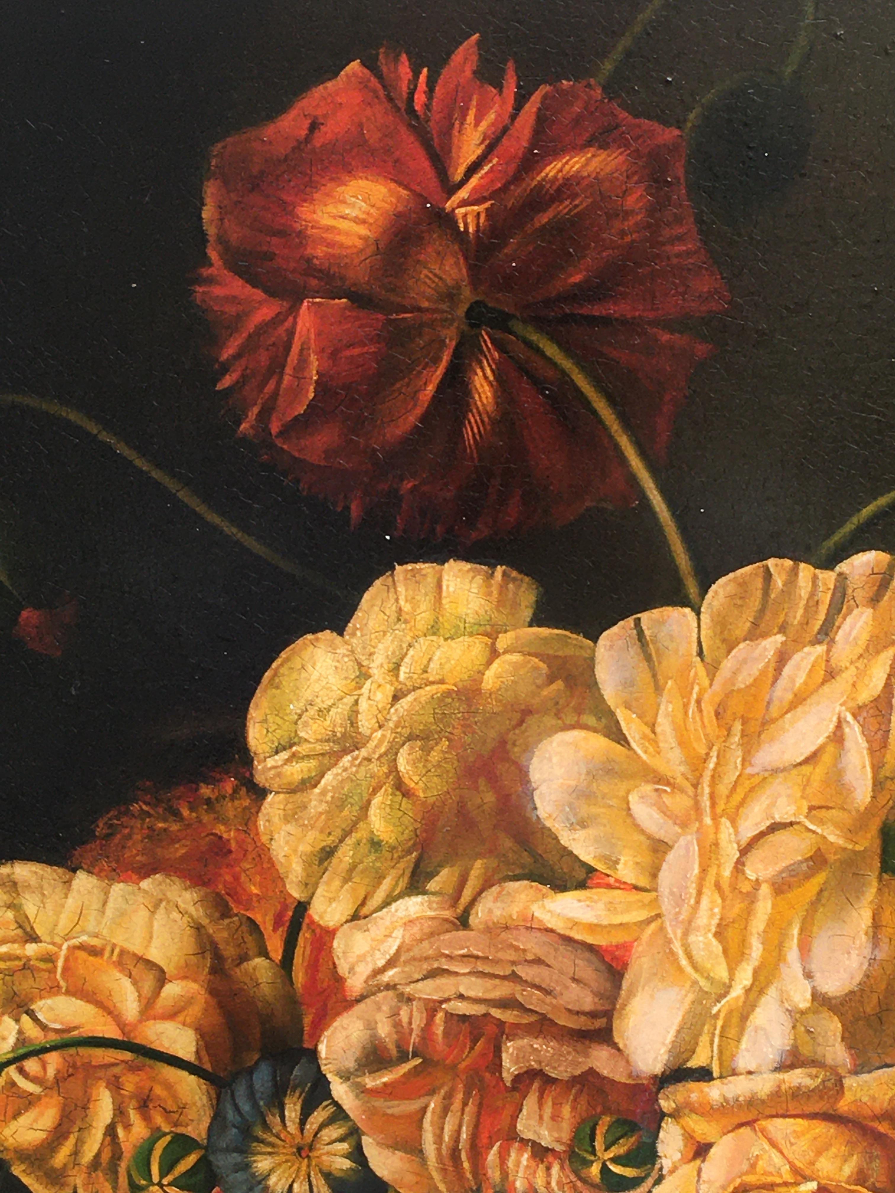 FLOWERS - In the Manner of Mario Dei Fiori - Oil On Canvas Italian Painting - Black Still-Life Painting by Maximilian Ciccone