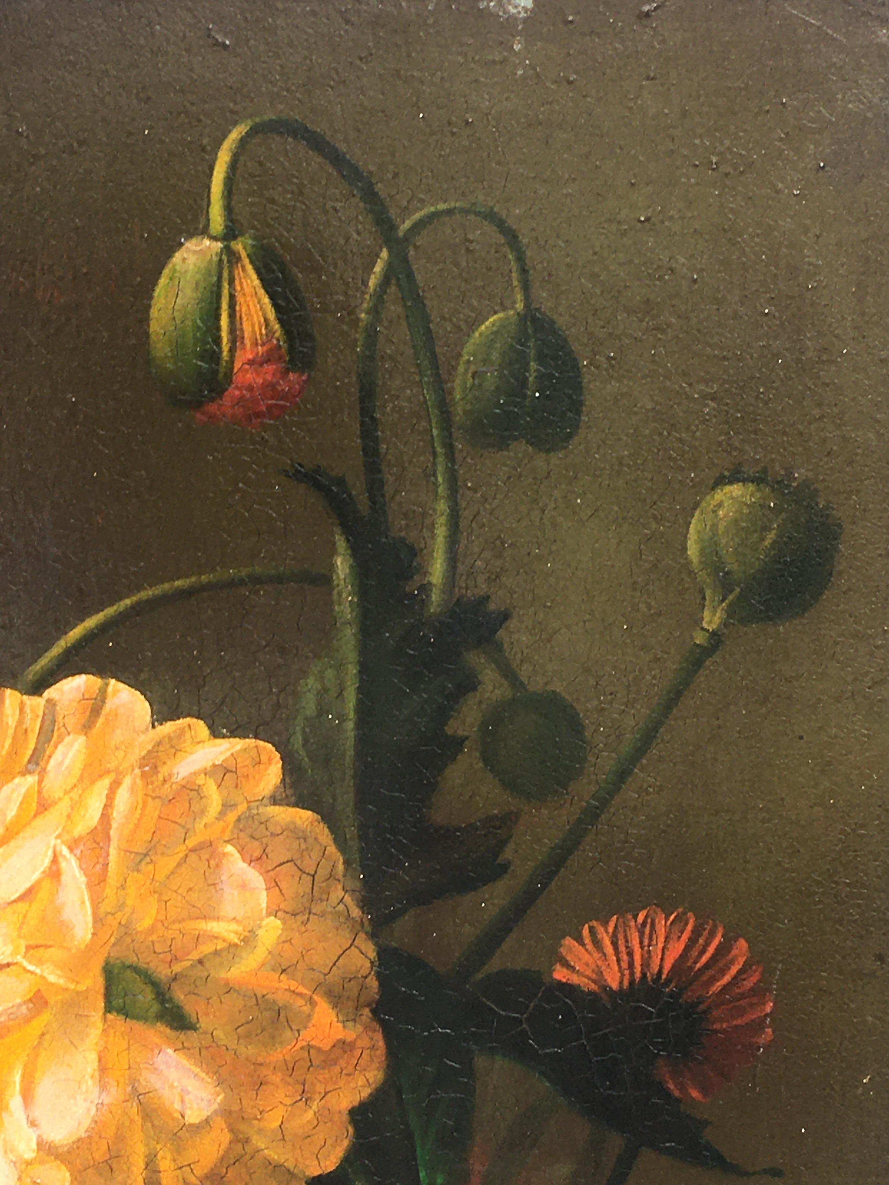 FLOWERS - À la manière de Mario Dei Fiori - Peinture italienne à l'huile sur toile en vente 1