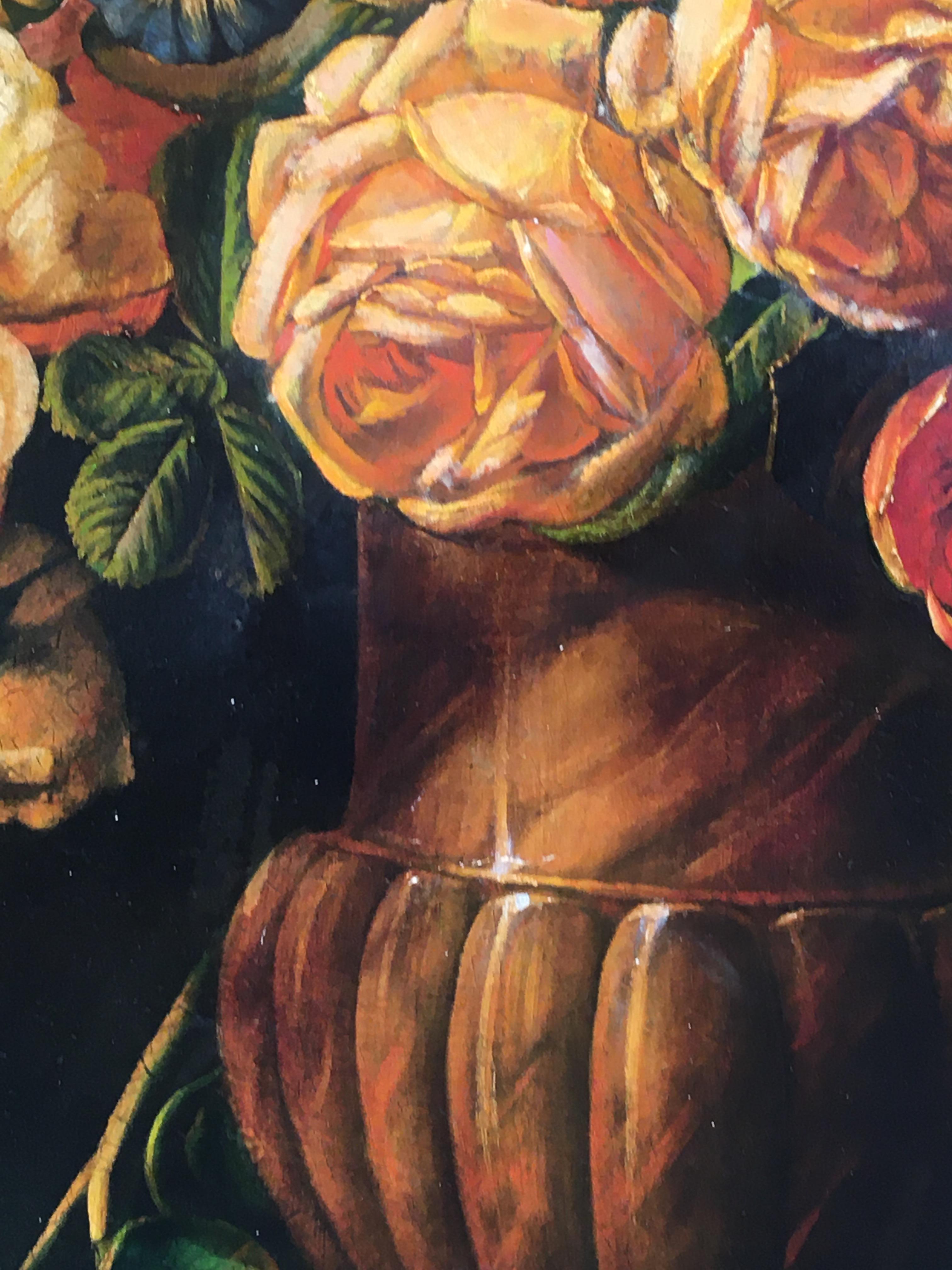 FLOWERS - À la manière de Mario Dei Fiori - Peinture italienne à l'huile sur toile en vente 3