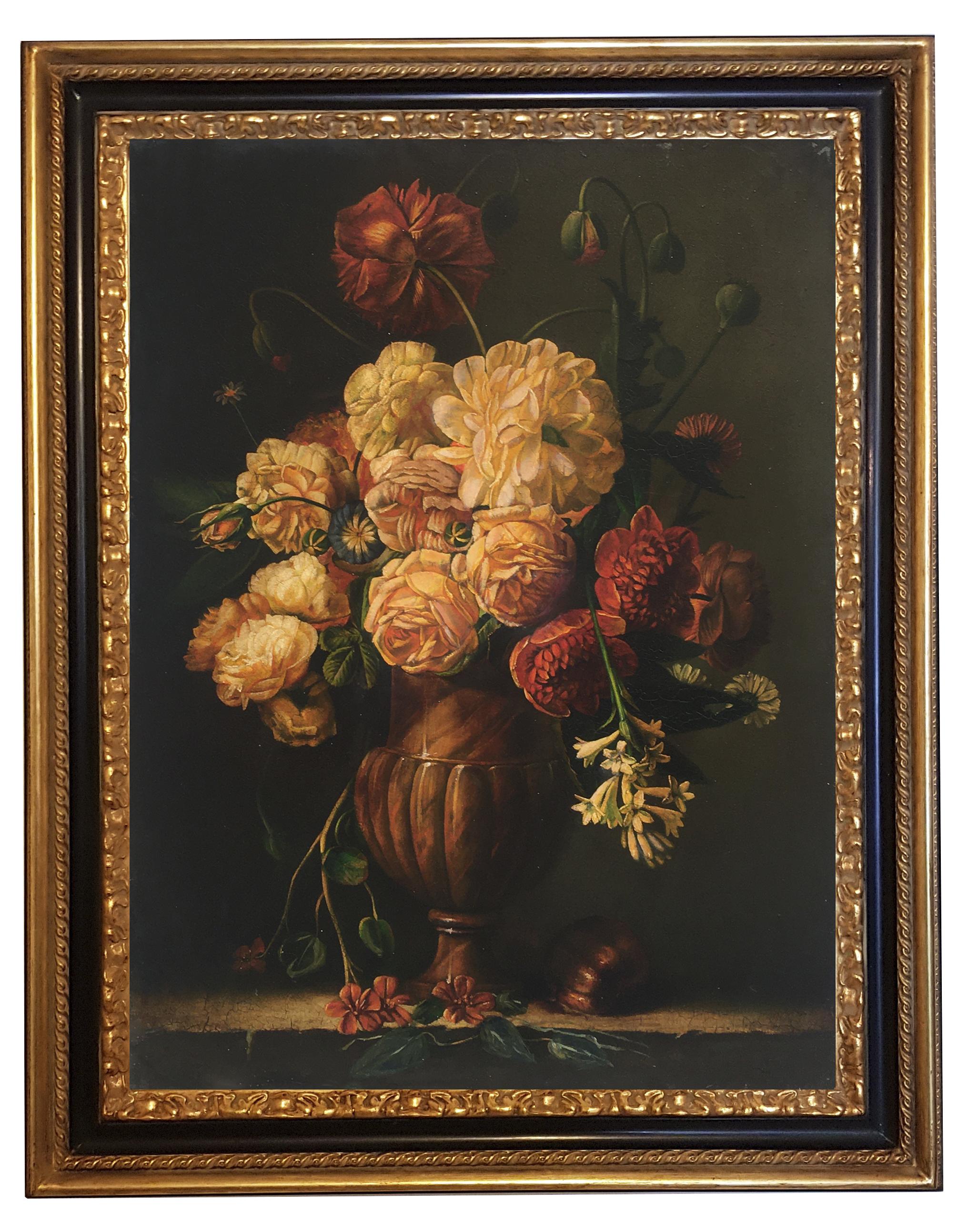 FLOWERS - À la manière de Mario Dei Fiori - Peinture italienne à l'huile sur toile