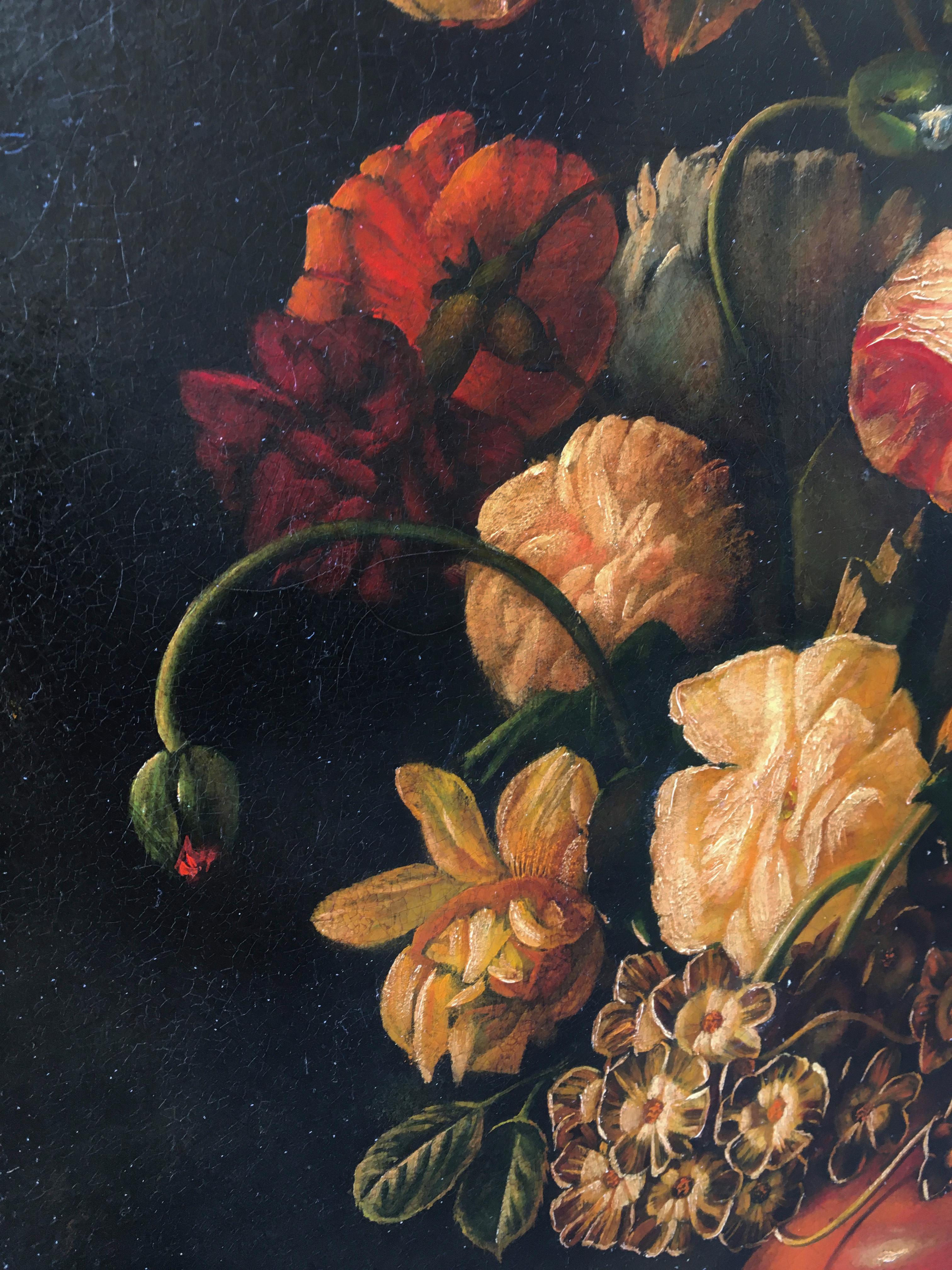 FLOWERS -In the Manner of Mario Dei Fiori -Oil On Canvas Italian Painting - Black Still-Life Painting by Maximilian Ciccone