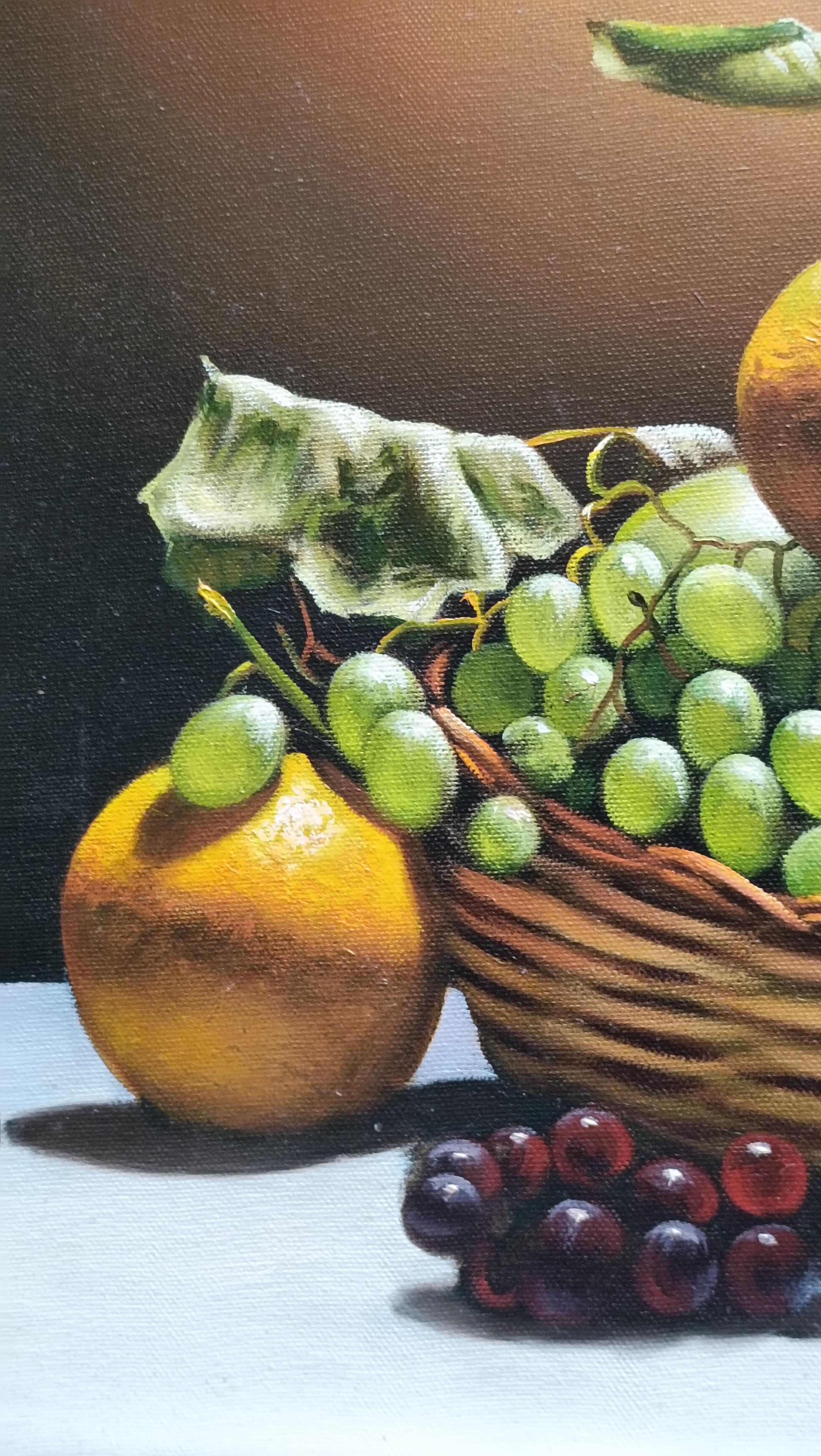 LIMONE, UVA E POMPINO - Iperrealismo italiano - natura morta olio su tela in vendita 3
