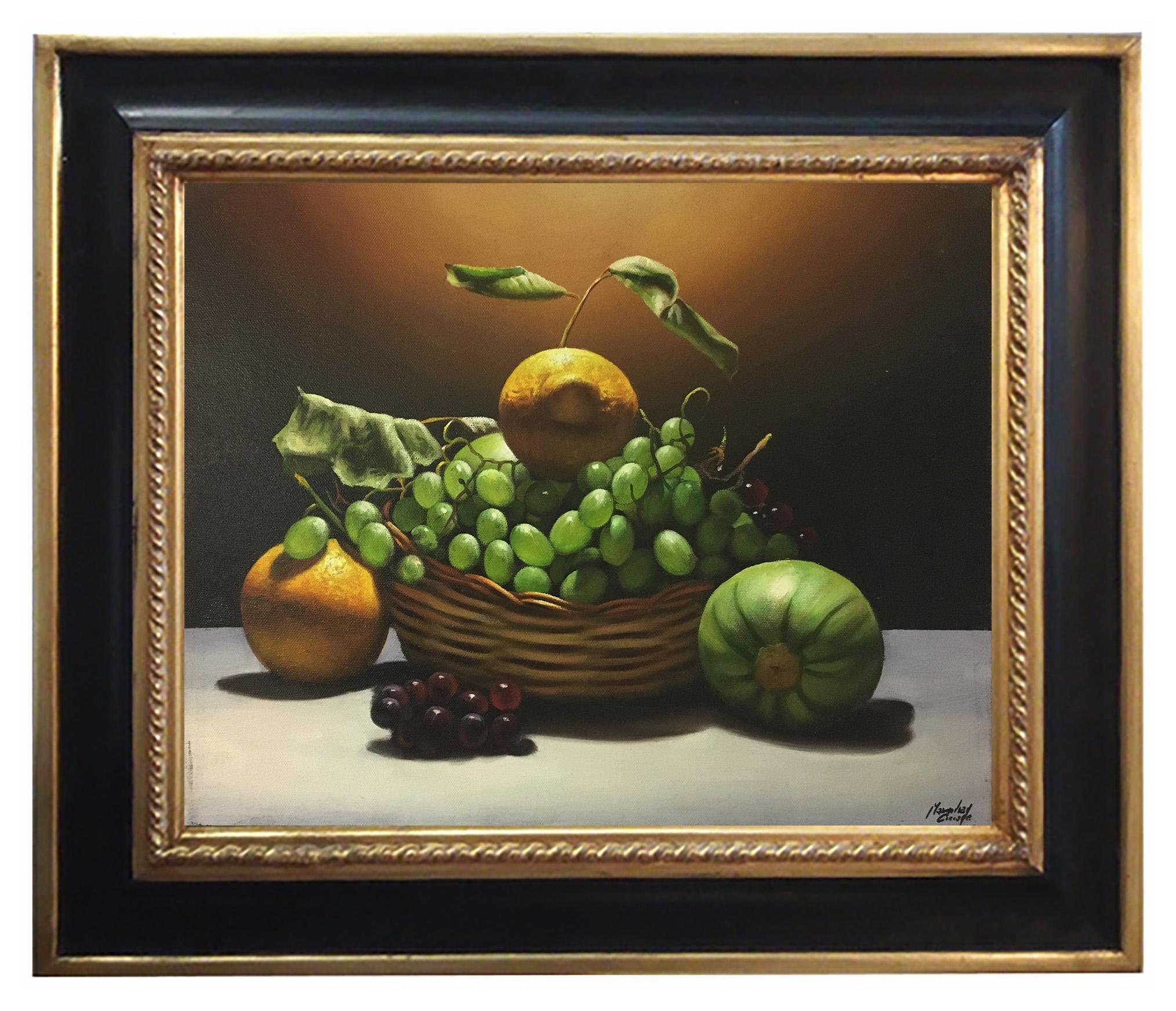 LEMON, GRAPE AND PUMPKIN- Hyperrealism Italian still life oil on canvas painting - Painting by Maximilian Ciccone