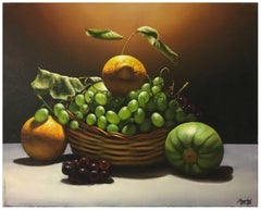 LEMON, GRAPE AND PUMPKIN- Hyperrealism Italian still life oil on canvas painting