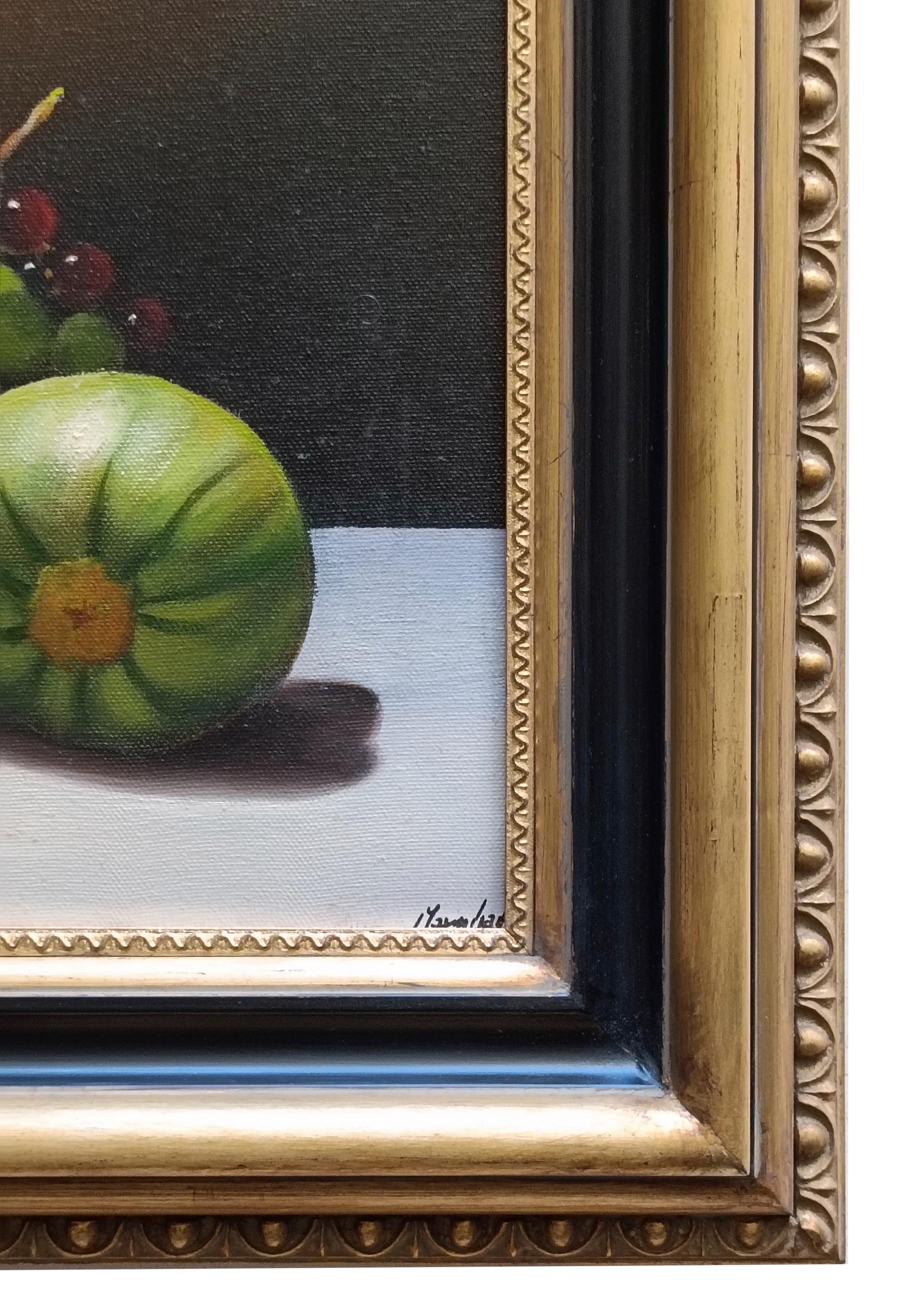 LIMONE, UVA E POMPINO - Olio su tela di Maximilian Ciccone, Italia 2011.
Telaio disponibile su richiesta presso la nostra officina.

Questo dipinto a olio su tela è un incredibile esempio della capacità dell'artista di catturare dettagli e luci