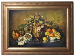 VIDA TRANQUILA DE FLORES Y FRUTAS - Escuela Italiana - Óleo sobre Lienzo Italia Pintura