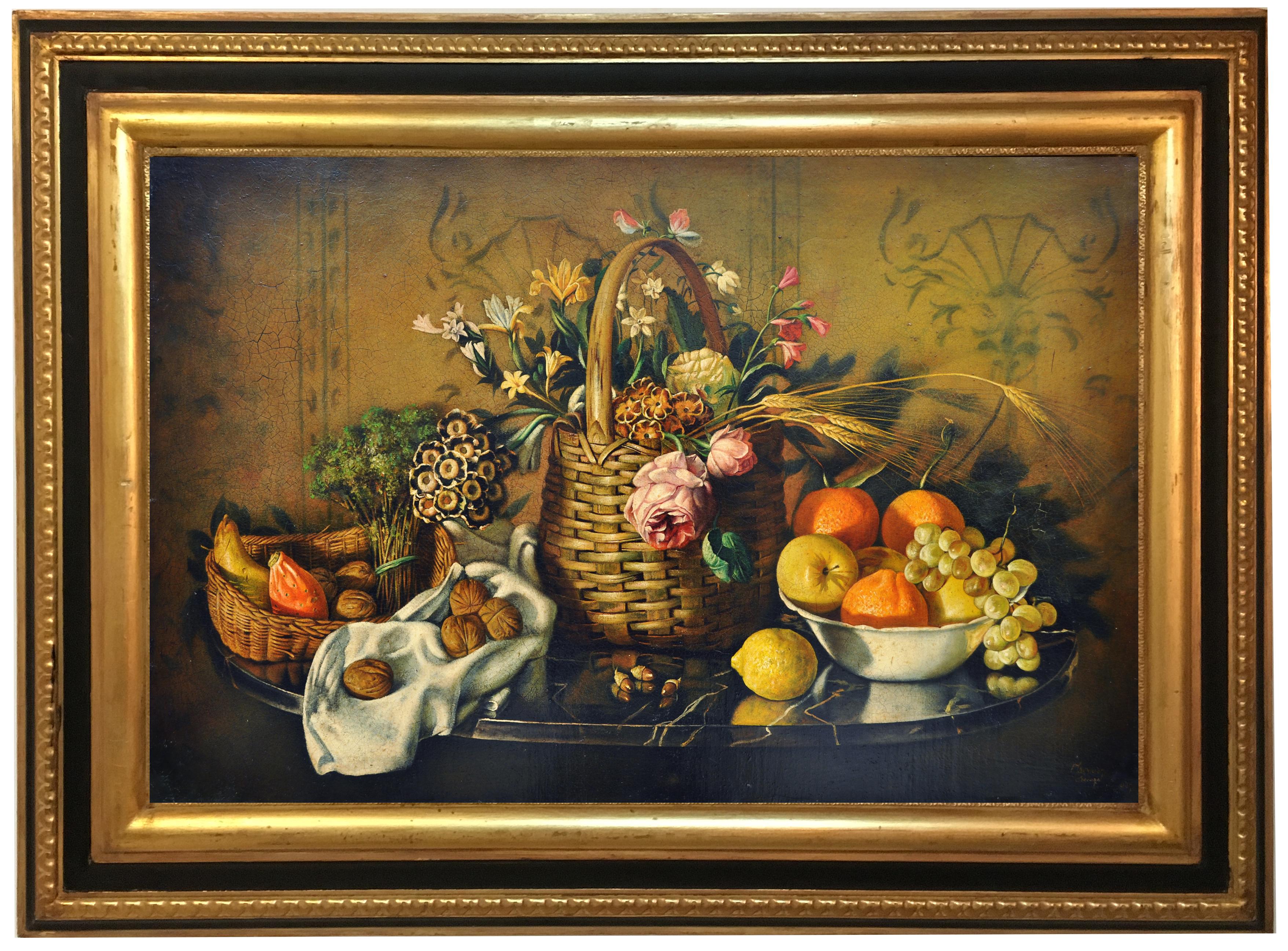 Maximilian Ciccone Still-Life Painting - STILL LIFE OF FLOWERS AND FRUIT - Italian School - Oil on Canvas Italy Painting 