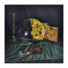 LA LENTE Y LAS UVA- Pintura al óleo sobre lienzo hiperrealista- Naturaleza muerta