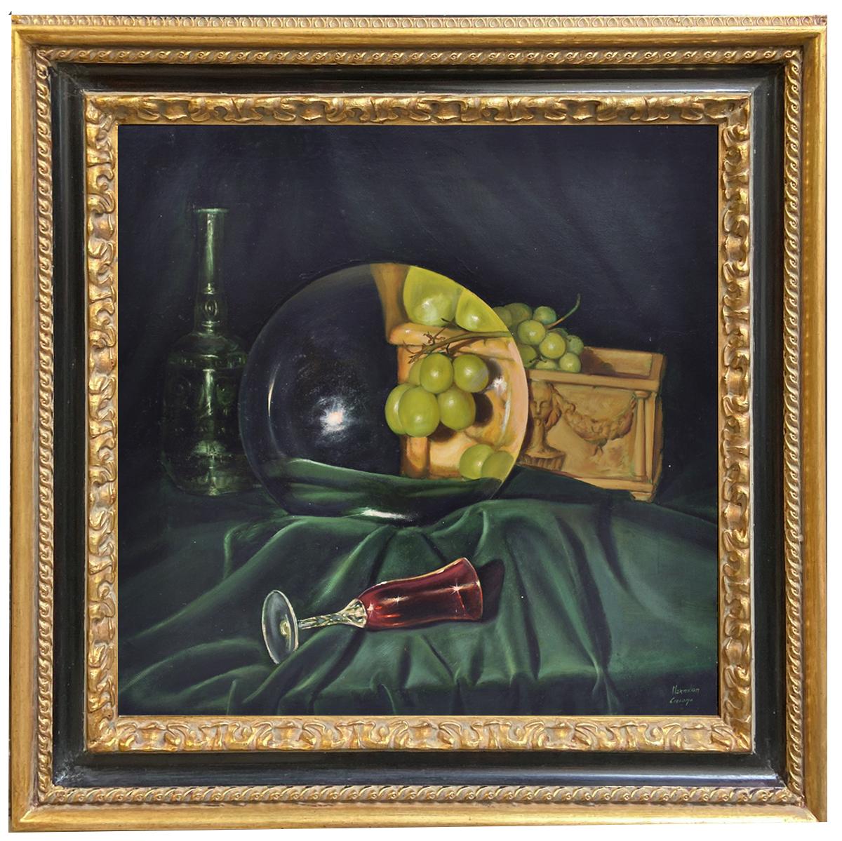 Maximilian Ciccone Still-Life Painting - THE LENS AND THE GRAPES- Hyper- Realistic- Still Life Oil on Canvas Painting
