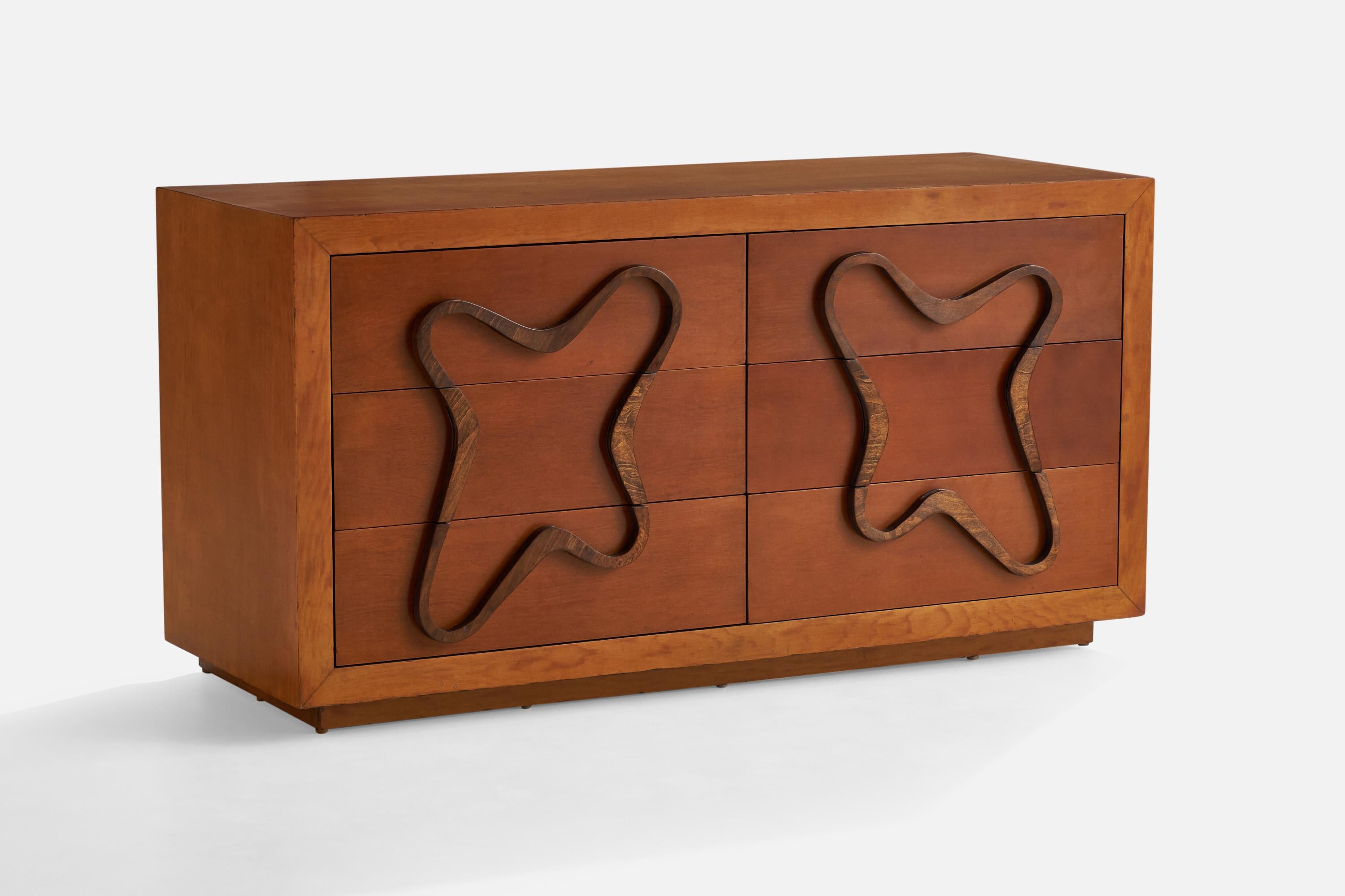 A walnut and dark-stained plywood dresser designed and produced by Maximilian For Karp Furniture Co, USA, 1950s.