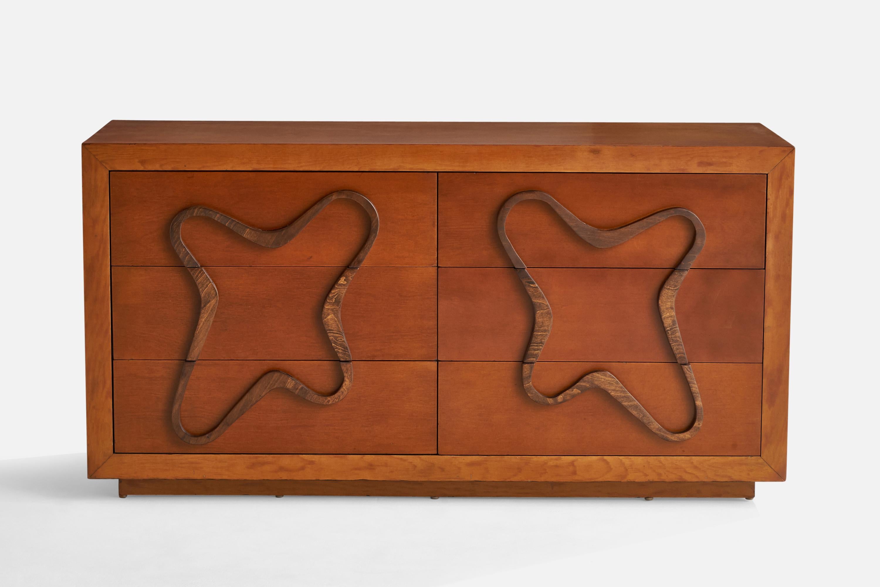 Maximilian für Karp Furniture Co, Kommode, Nussbaum, Sperrholz, USA, 1950er Jahre (Moderne der Mitte des Jahrhunderts) im Angebot
