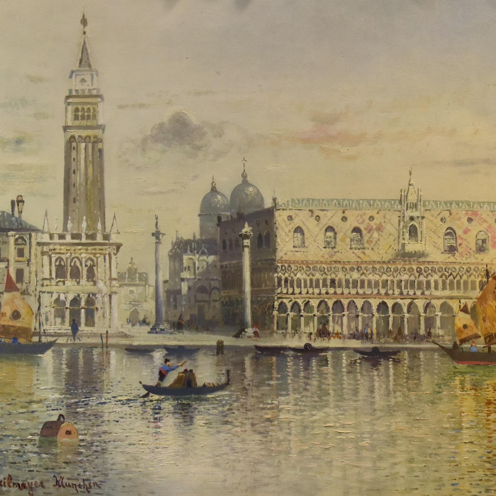 VeneziaSee Water Landscape Marina Heilmaier 19° Secolo Dipinto olio su tela Arte in vendita 1