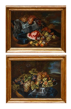 Pair of Nature Deaths  with watermelons, grapes and figs by Maximilian Pfeiler