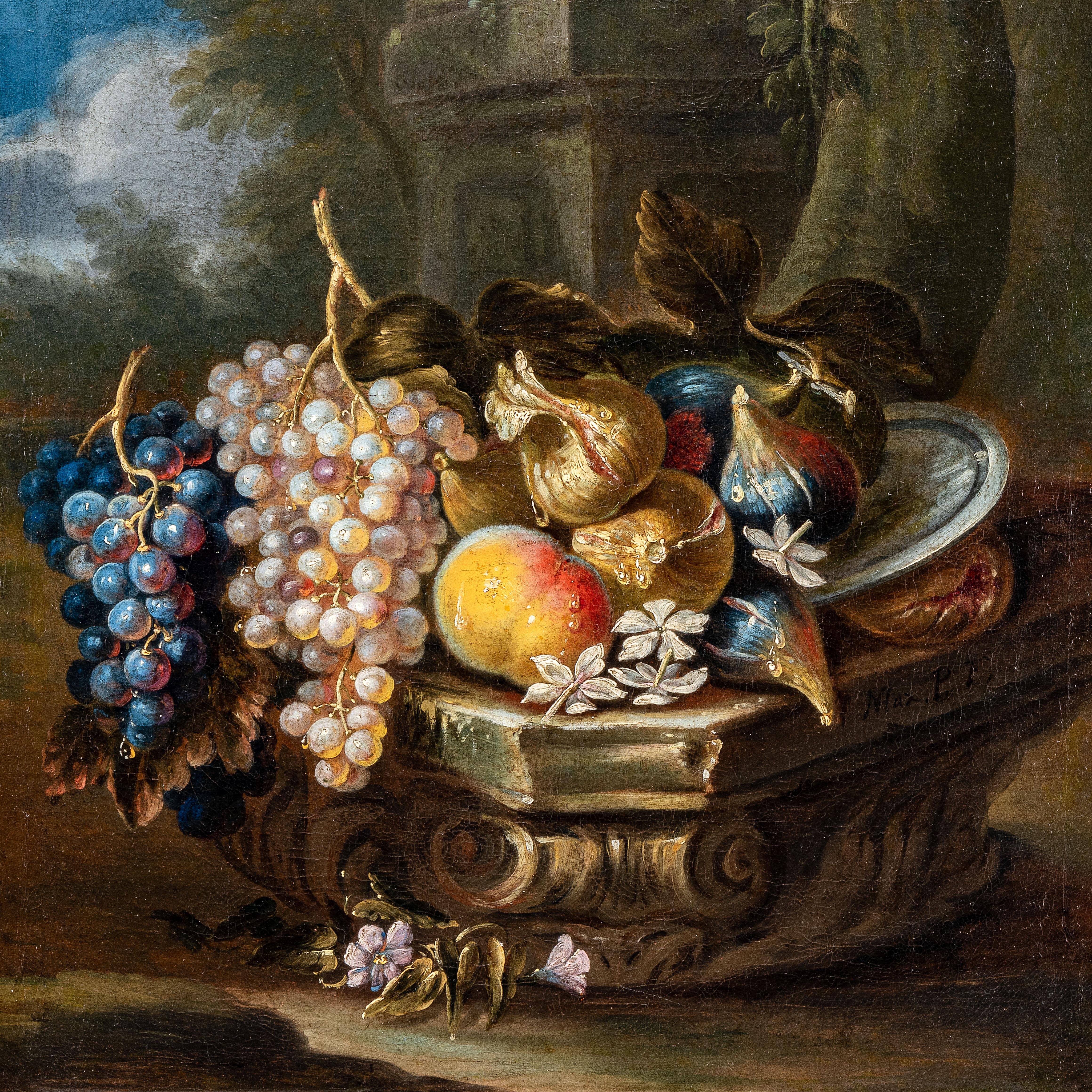 Grapes, figs, pomegranate and peaches on a pillar, first quarter 18th century - Painting by Maximilian Pfeiler