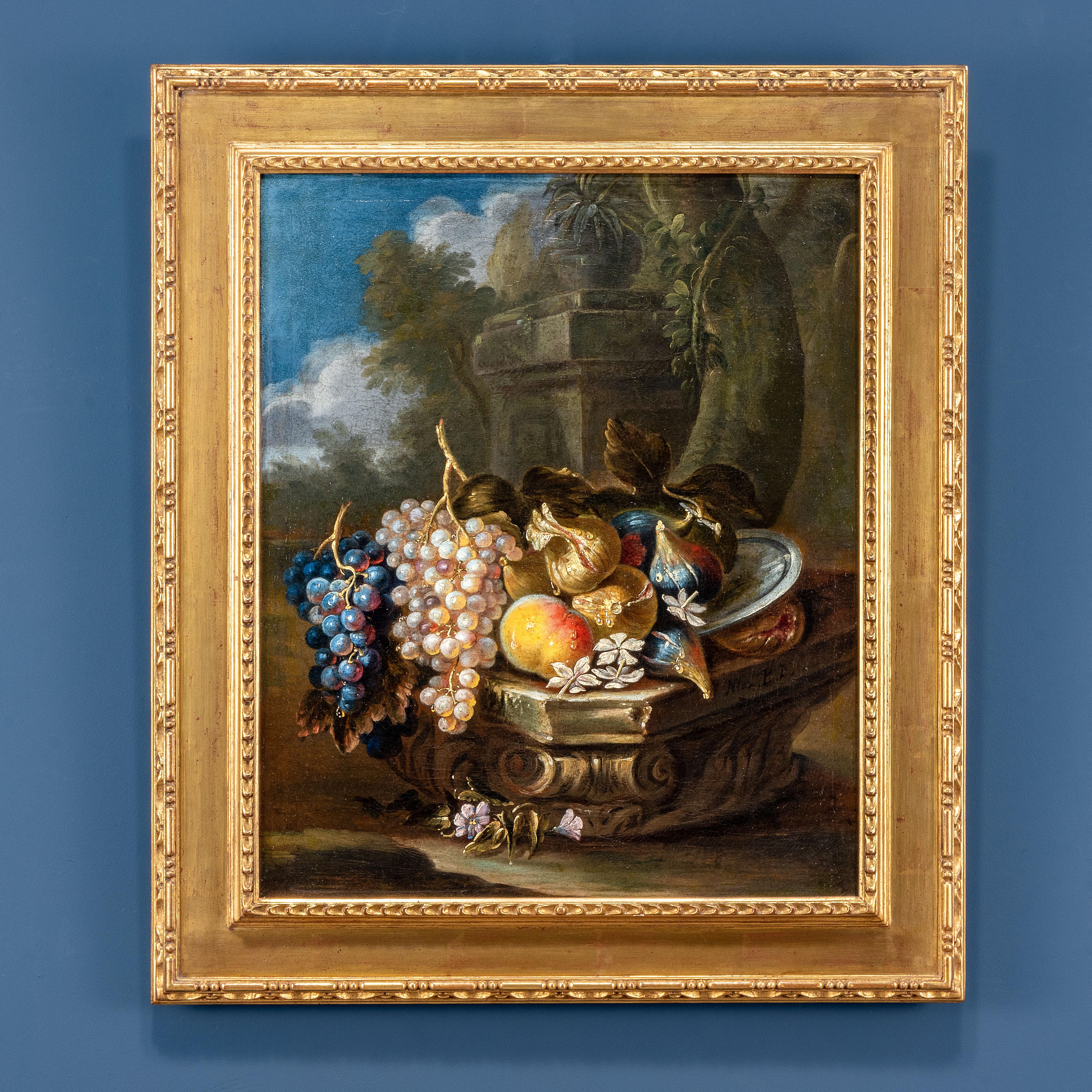 Maximilian Pfeiler Still-Life Painting - Grapes, figs, pomegranate and peaches on a pillar, first quarter 18th century