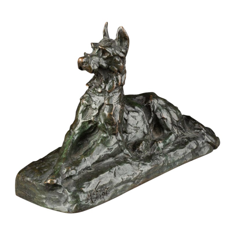 Maximilien Fiot : "Lying Dog", Patinated Bronze, Founder Susse Frères C. 1930 For Sale