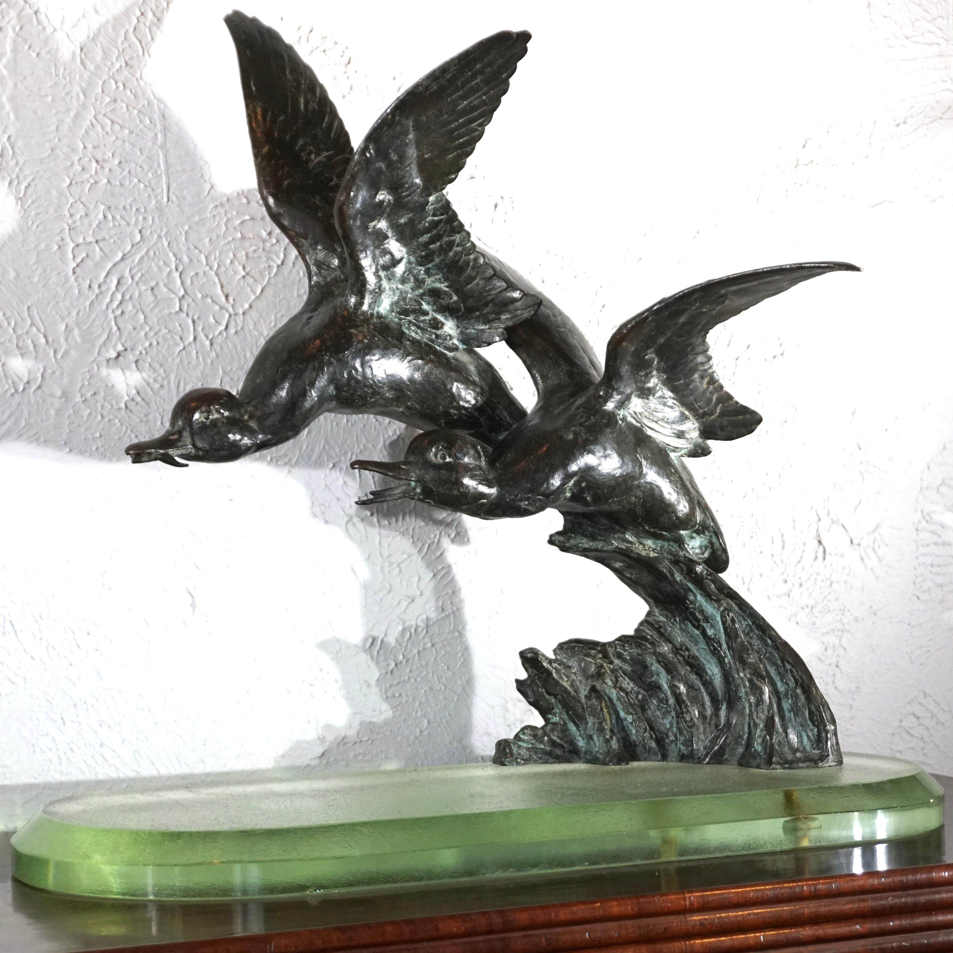 Art Nouveau Maximilien-Louis Fiot Bronze Ducks In Flight Sculpture