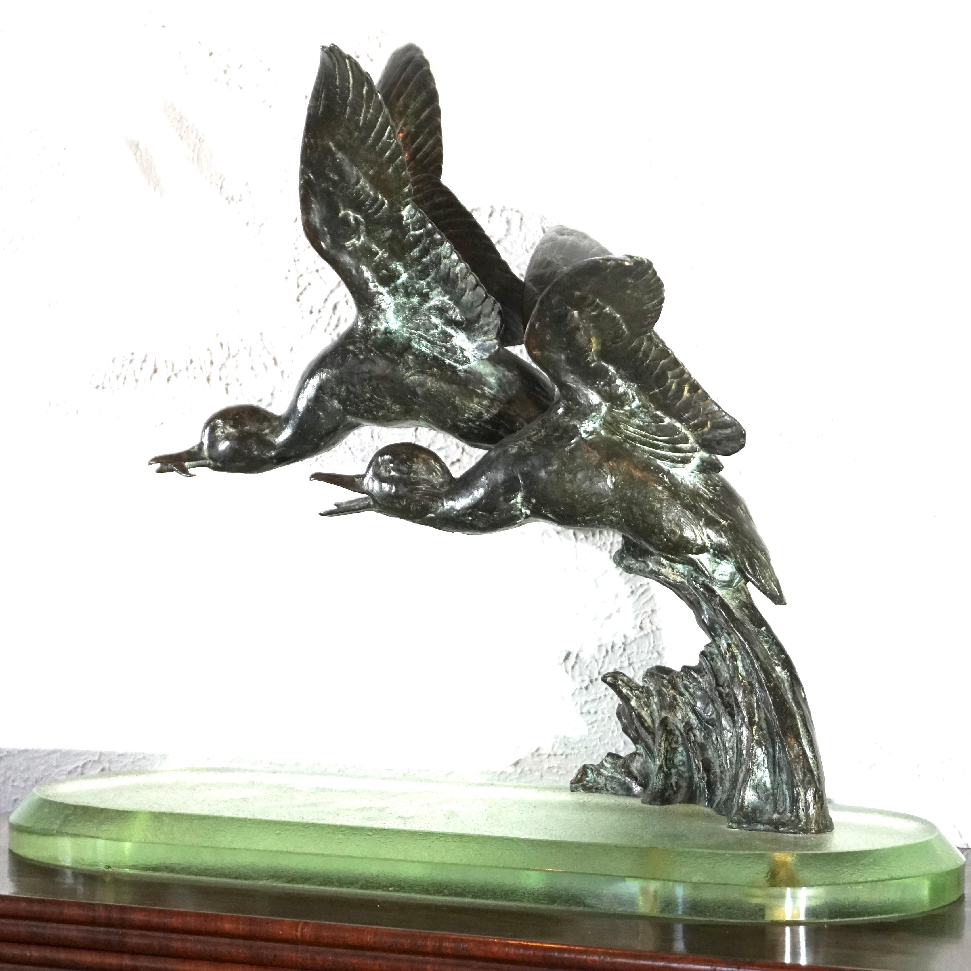 French Maximilien-Louis Fiot Bronze Ducks In Flight Sculpture