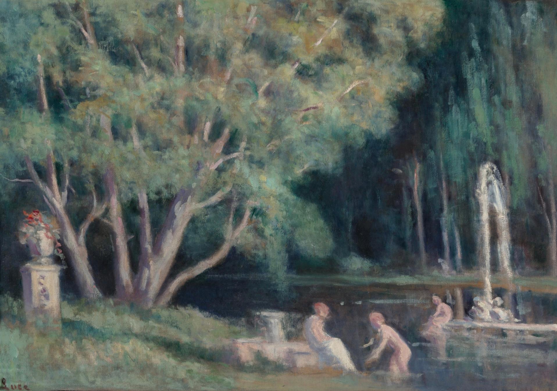 Maximilien Luce (French, 1858-1941)

Les baigneurs au jet d'eau. Swimmers At The Fountain. A stunning Art Nouveau, Art Deco Pathetic style evening scene of nude swimmers at a pond with a water fountain in the moonlight. The greens and lighting are