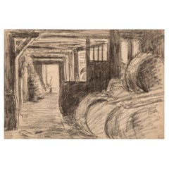 Antique Maximilien Luce Original Drawing “Un Magisin Dans Le Marais” 