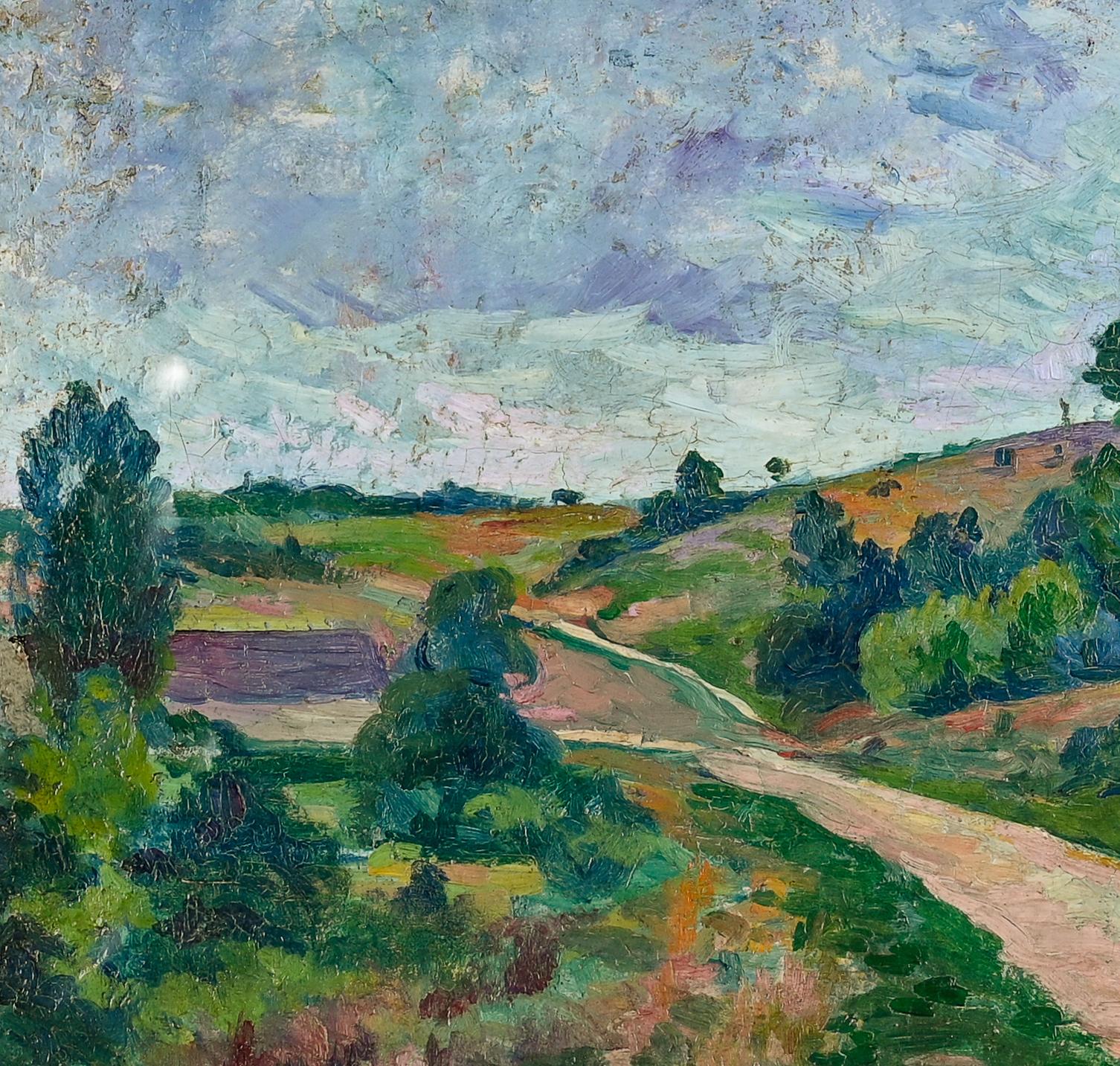 Après-midi Provence, Sud de la France Peinture de paysage impressionniste, violet - Gris Landscape Painting par Maximilien Luce