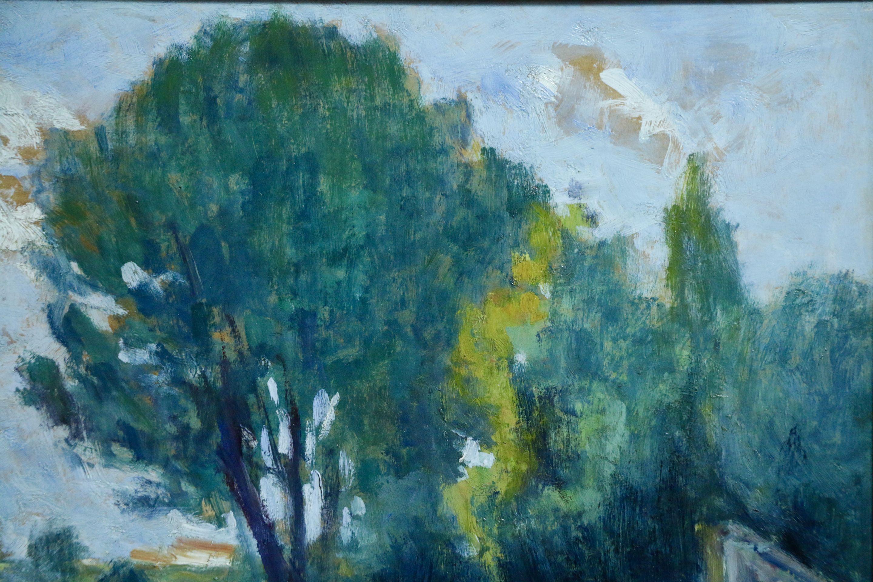 Bords de Seine - 19th Century Oil, Trees in Riverscape by Maximillien Luce - Blue Landscape Painting by Maximilien Luce