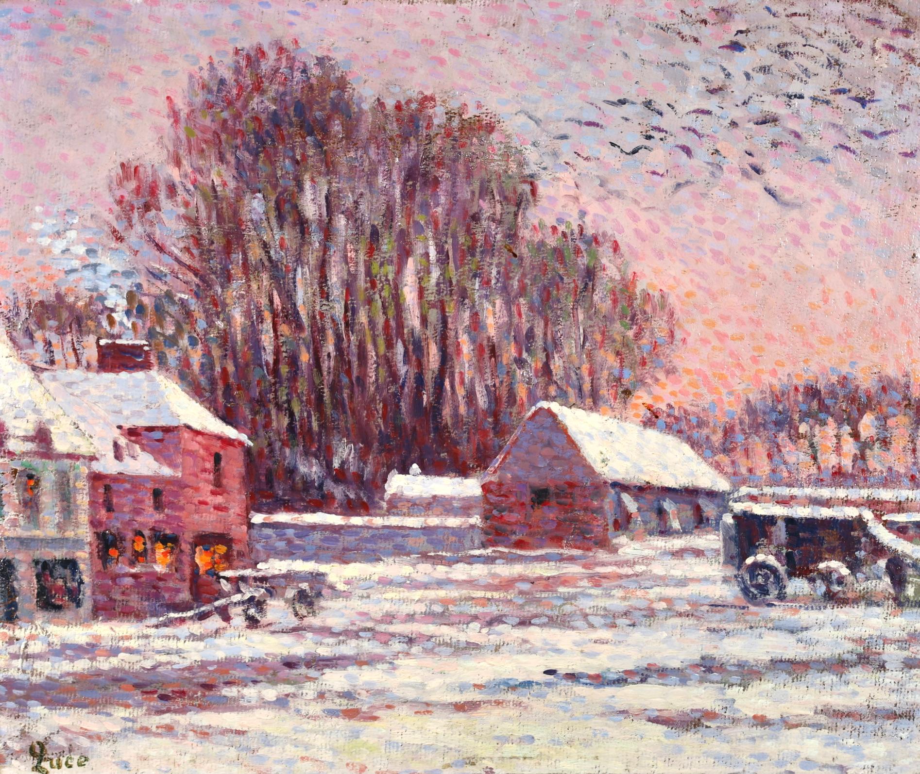 Chaumieres sous la neige - Impressionist Landscape Painting by Maximillien Luce - Beige Figurative Painting by Maximilien Luce