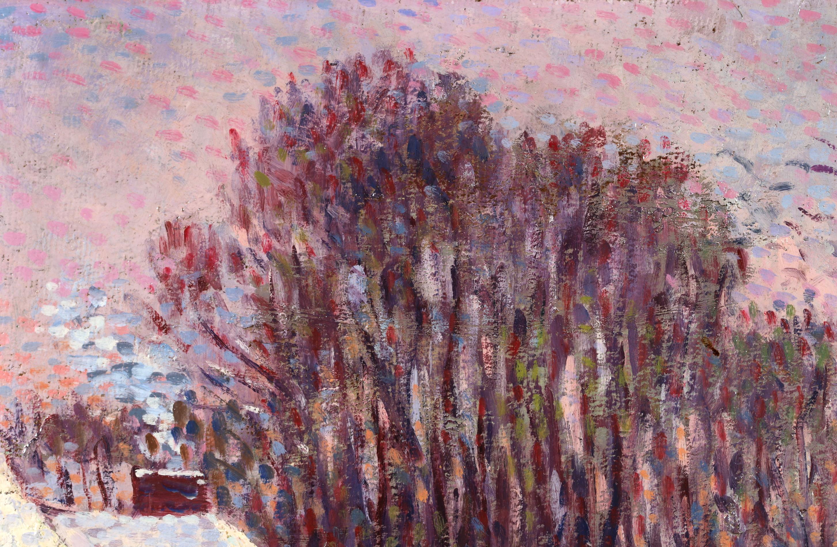 Signed landscape oil on board circa 1905 by French impressionist painter Maximilien Luce. The piece depicts an evening winter scene, with the roofs of the red cottages covered in snow and a blanket of snow on the ground. Birds fly through the blue