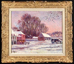 Chaumieres sous la neige - Peinture de paysage impressionniste de Maximillien Luce