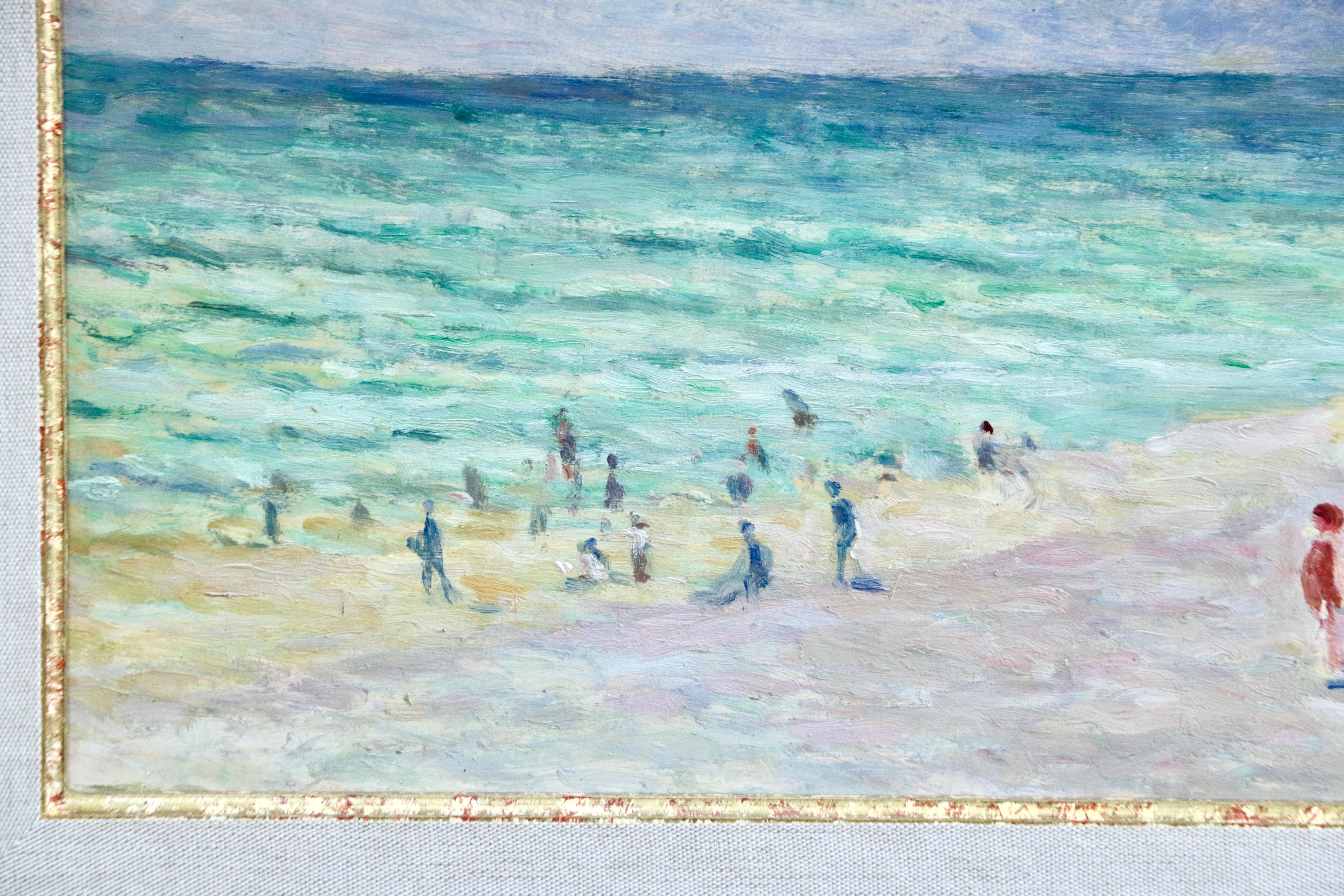 Figures on Beach - Treport - 20th Century Oil, Coastal Landscape by M Luce - Gray Landscape Painting by Maximilien Luce