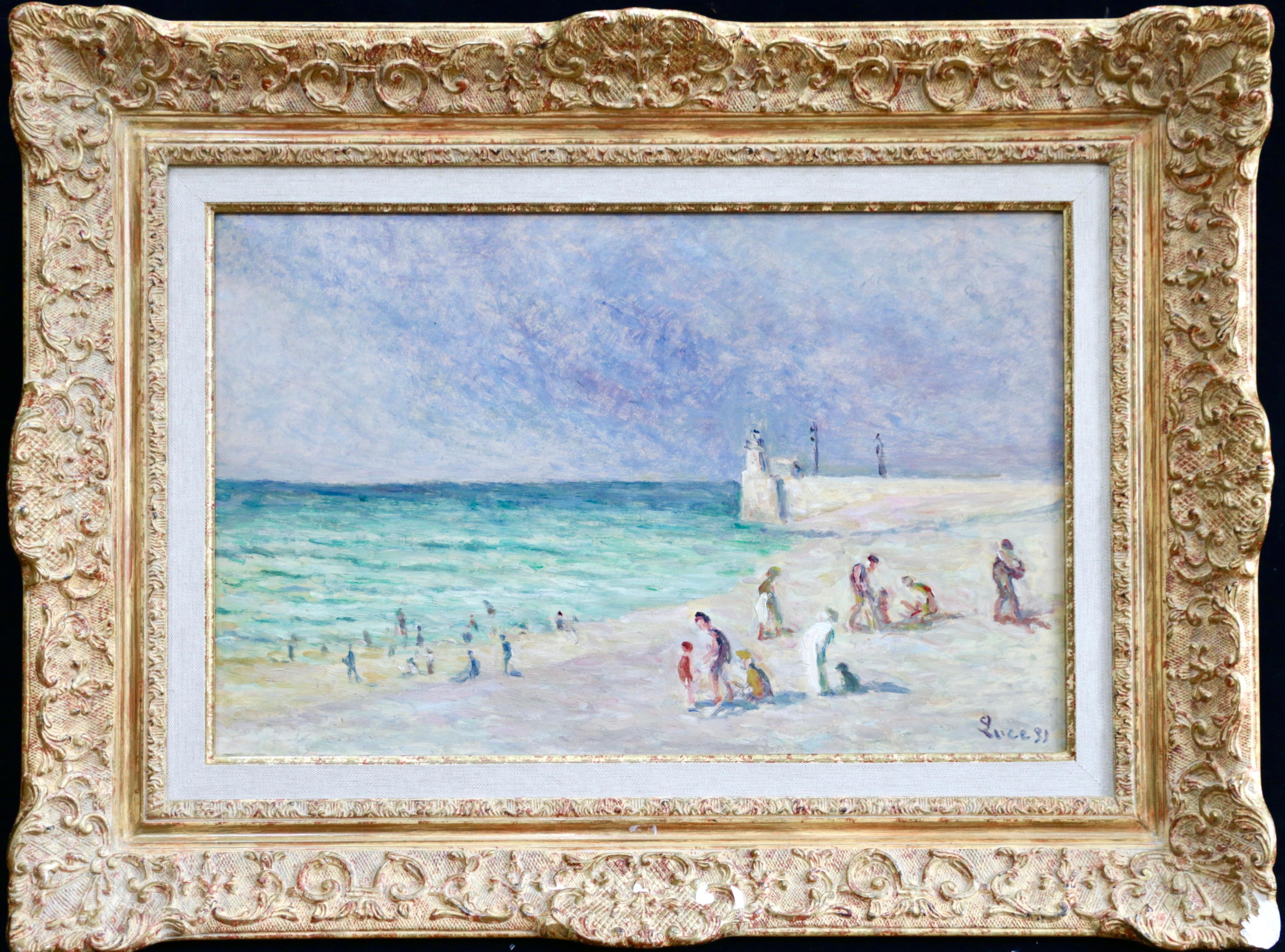 Maximilien Luce Landscape Painting - Figures on Beach - Treport - 20th Century Oil, Coastal Landscape by M Luce
