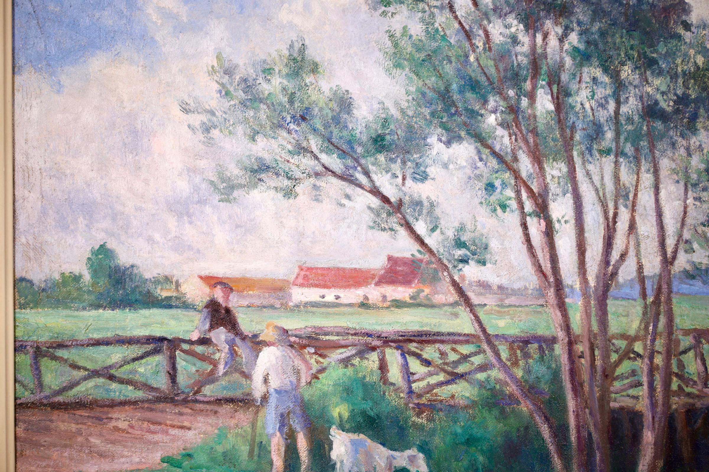 Guernes, 19. Jahrhundert, Öl, Figuren und Hund von Fluss in Landschaft von Maximilien Luce 2