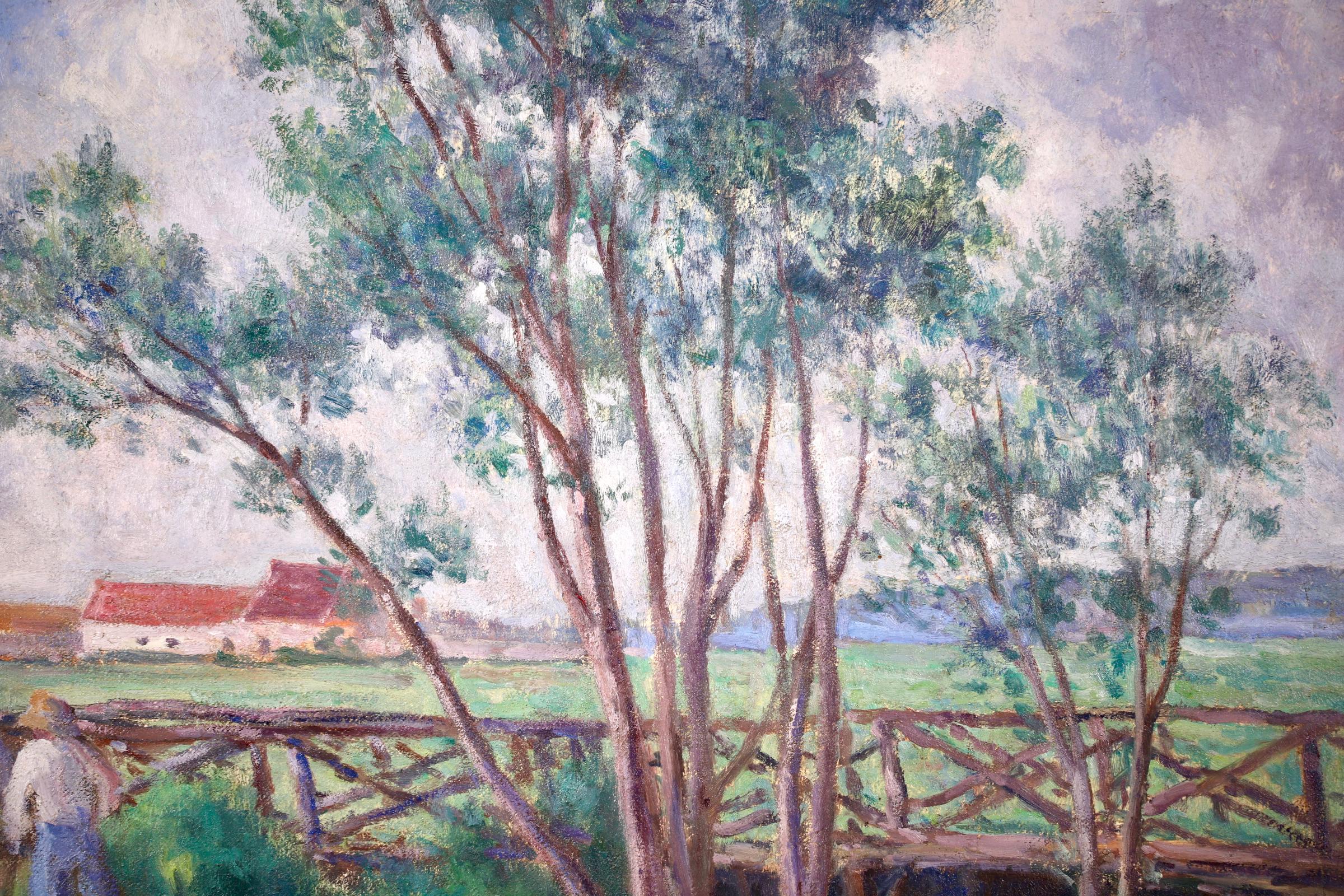 Guernes, 19. Jahrhundert, Öl, Figuren und Hund von Fluss in Landschaft von Maximilien Luce 3