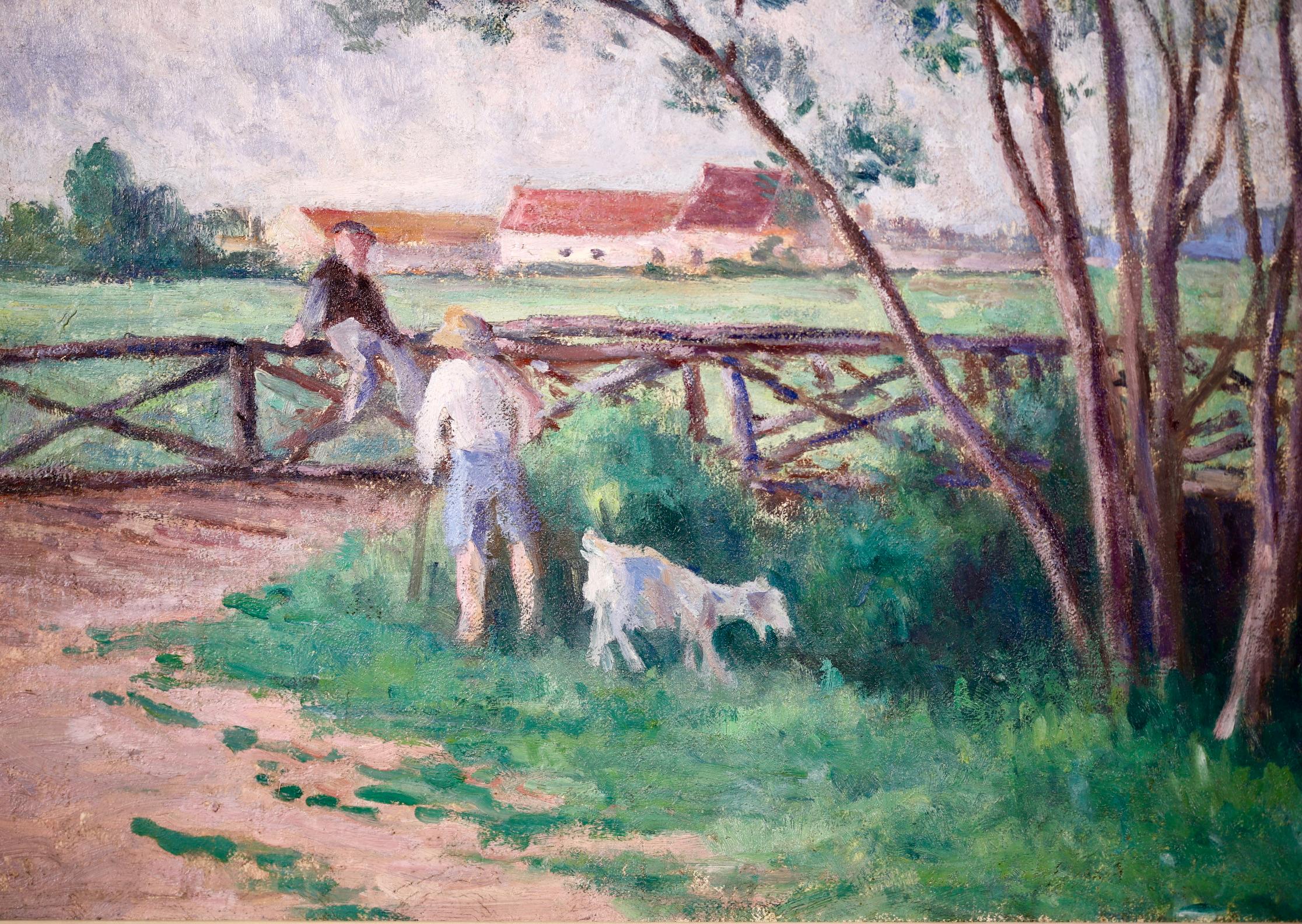 Guernes-19th Century Oil, Figures & Dog by River in Landscape by Maximilien Luce 3