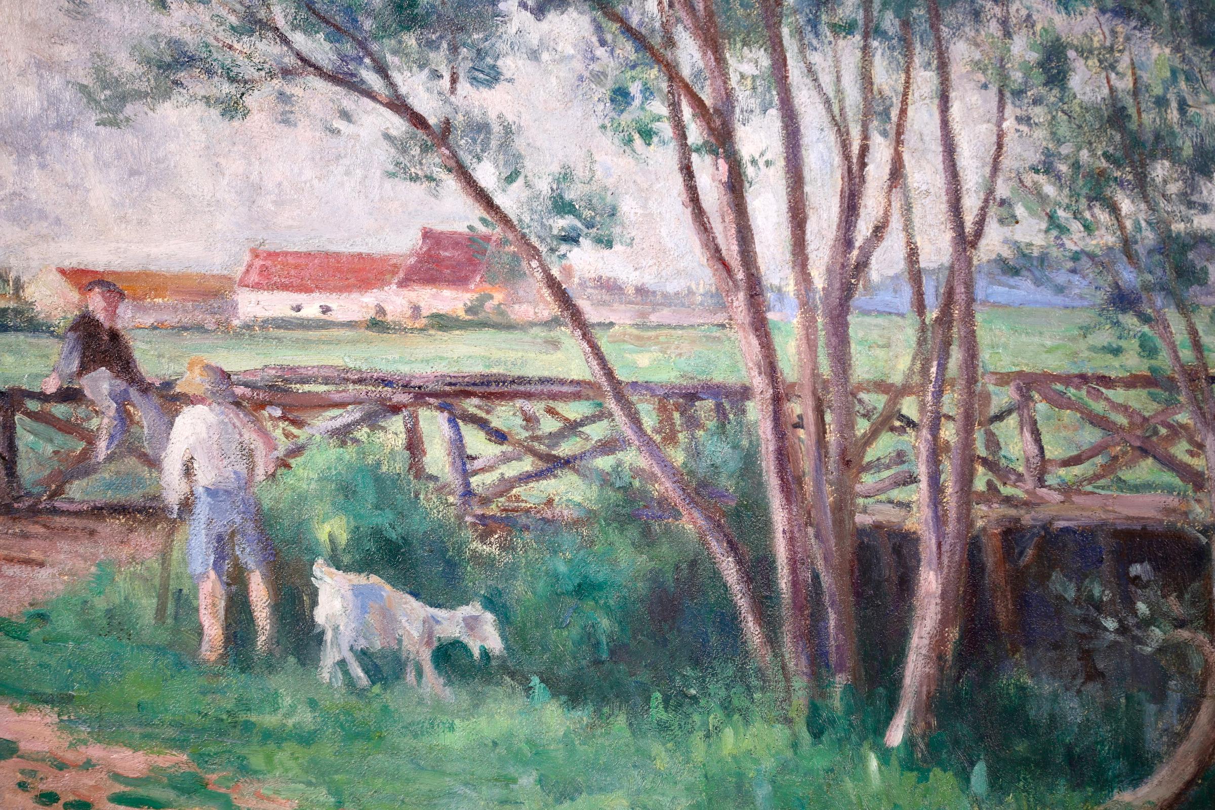 Guernes-19th Century Oil, Figures & Dog by River in Landscape by Maximilien Luce 4