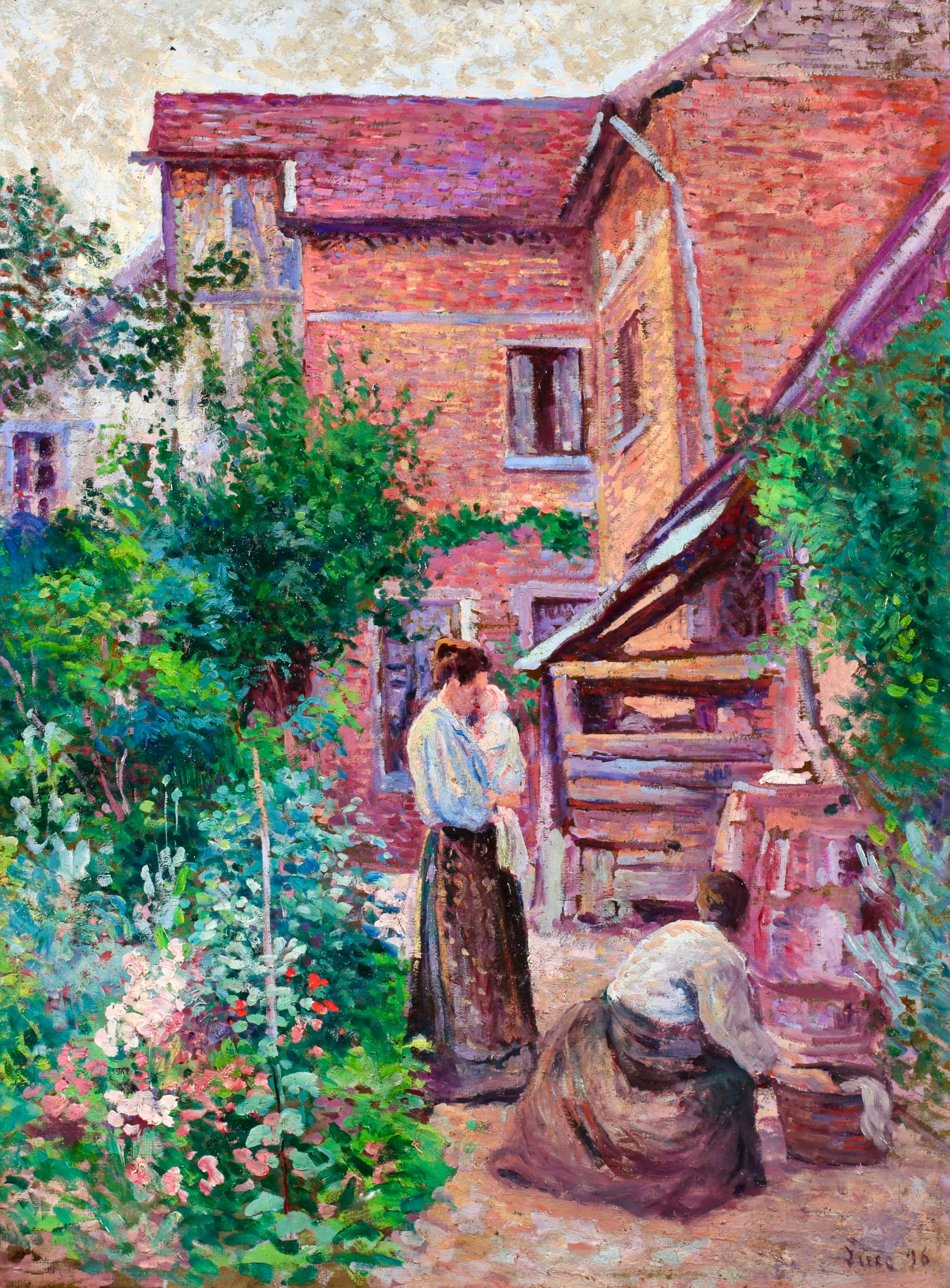 Jardin a Gisors - Figures impressionnistes dans un paysage Huile de Maximillien Luce - Painting de Maximilien Luce