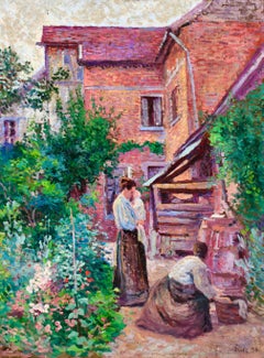 Jardin a Gisors - Figure impressioniste in un paesaggio ad olio di Maximillien Luce
